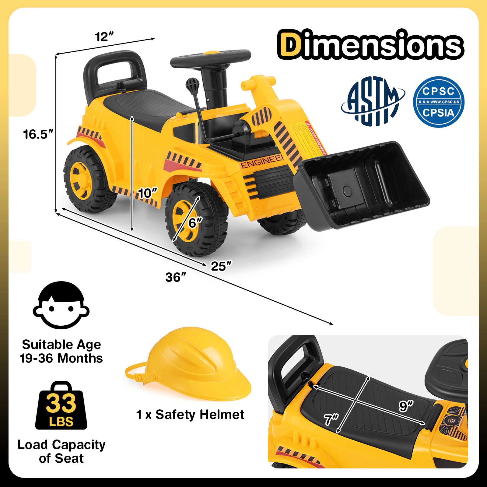 SUGIFT Yellow Toddler Ride-On Excavator Digger with Adjustable Bucket Helmet and Storage 36-in W 33-lb Rider