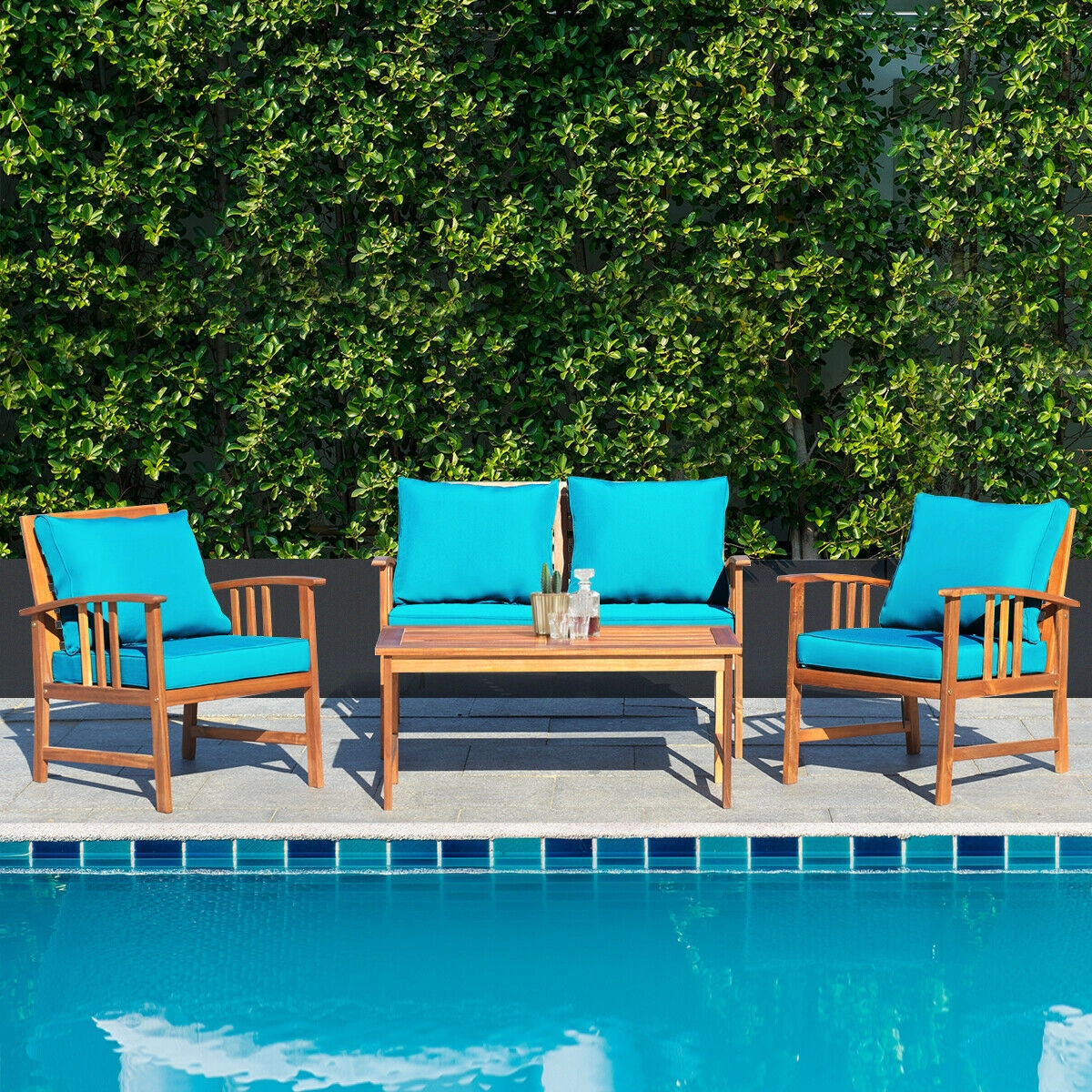 SUGIFT 4-Piece Acacia Wood Patio Conversation Set with Loveseat, 2 Chairs and Coffee Table