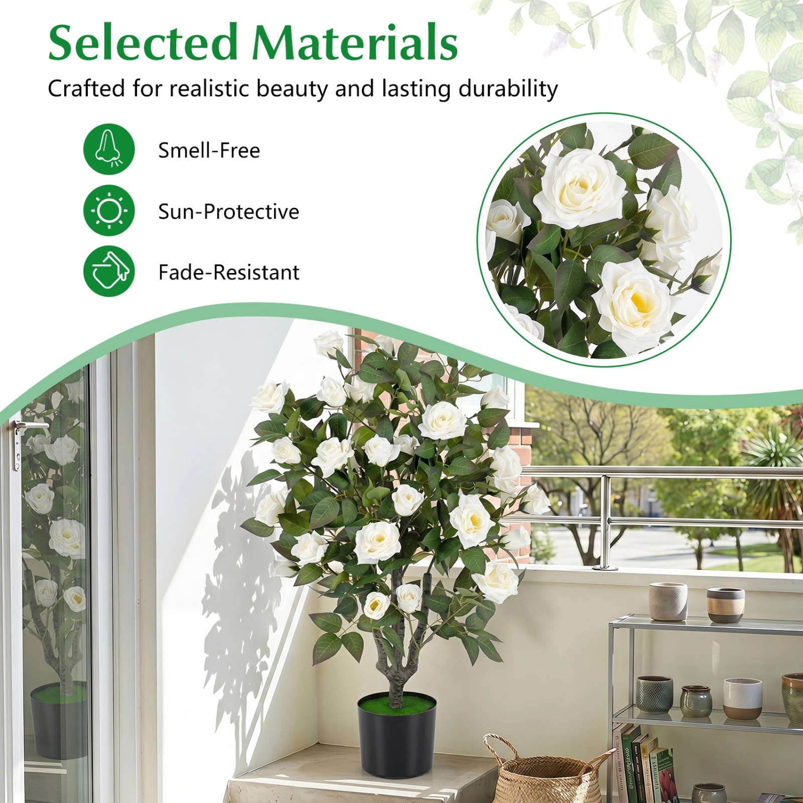 SUGIFT Set of 2 Artificial Rose Trees with Blooming Flowers in 6 x 5 in Pots 35.5-in Tall Indoor White and Green