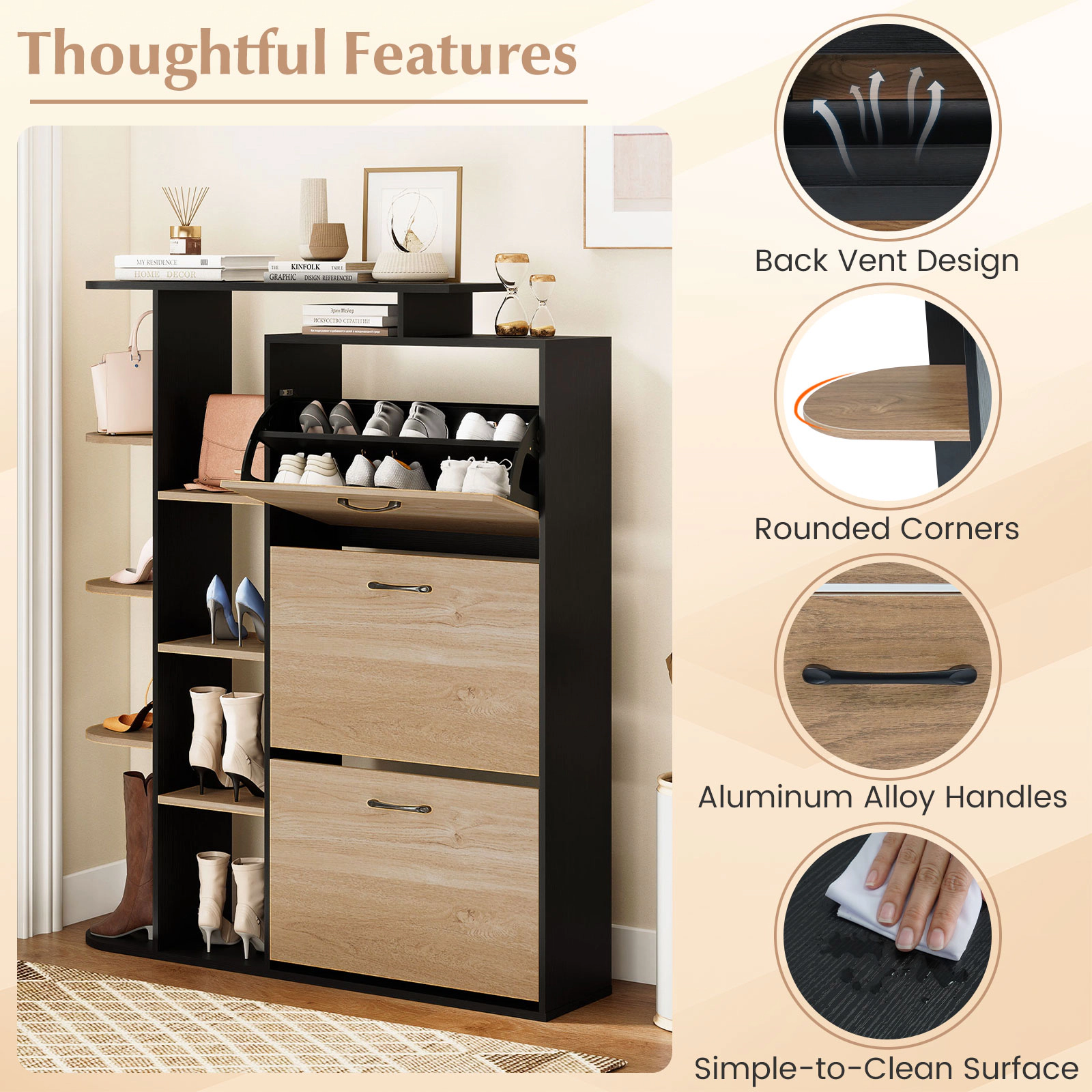 Glintex Tall Shoe Cabinet with 3 Flip Drawers Aluminum Handles and Open Shelving