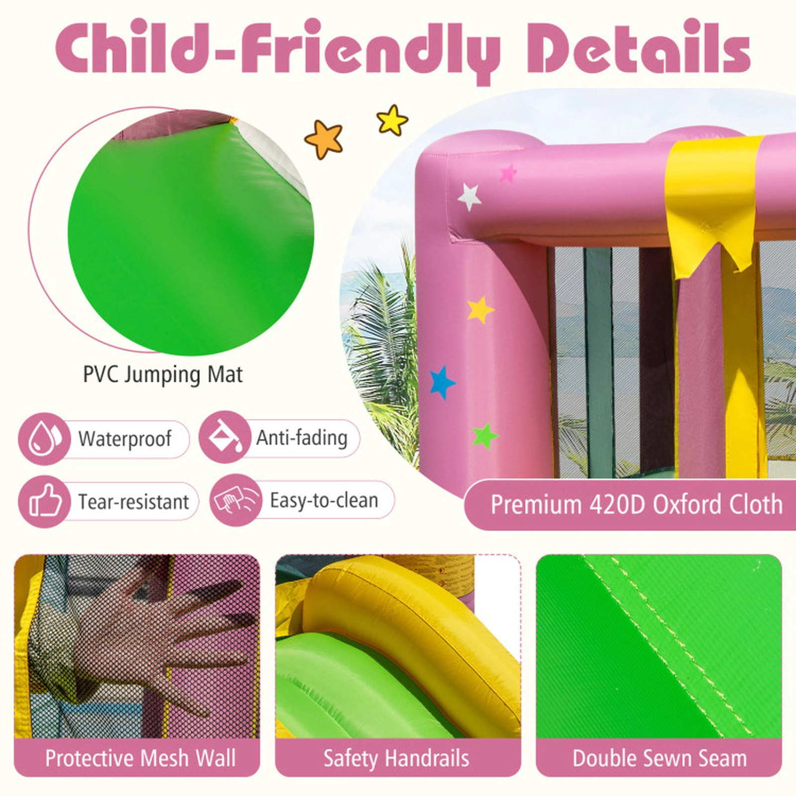 SUGIFT 200-lb Capacity Small Inflatable Bounce House with Slide Basketball Hoop 480W Blower and Carrying Bag
