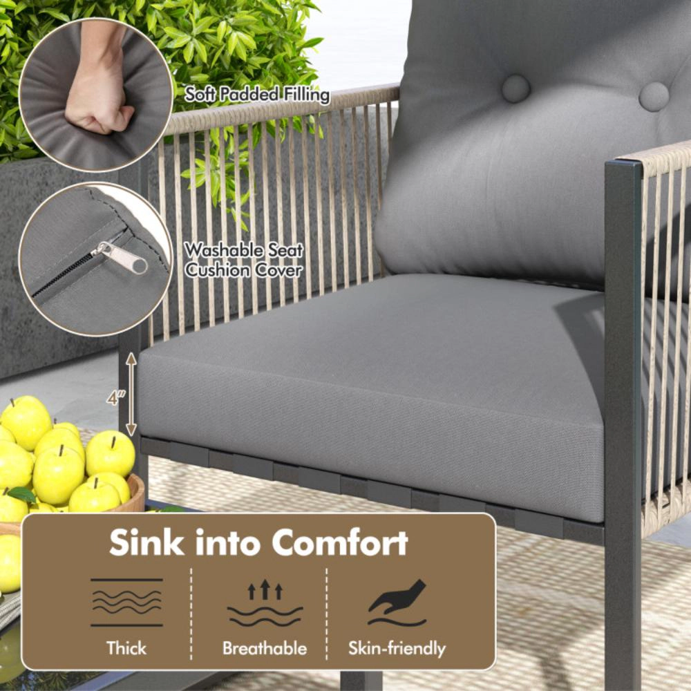 Hivvago 4 Pieces Outdoor Pe Rattan Conversation Sofa Set With Cushions-Grey