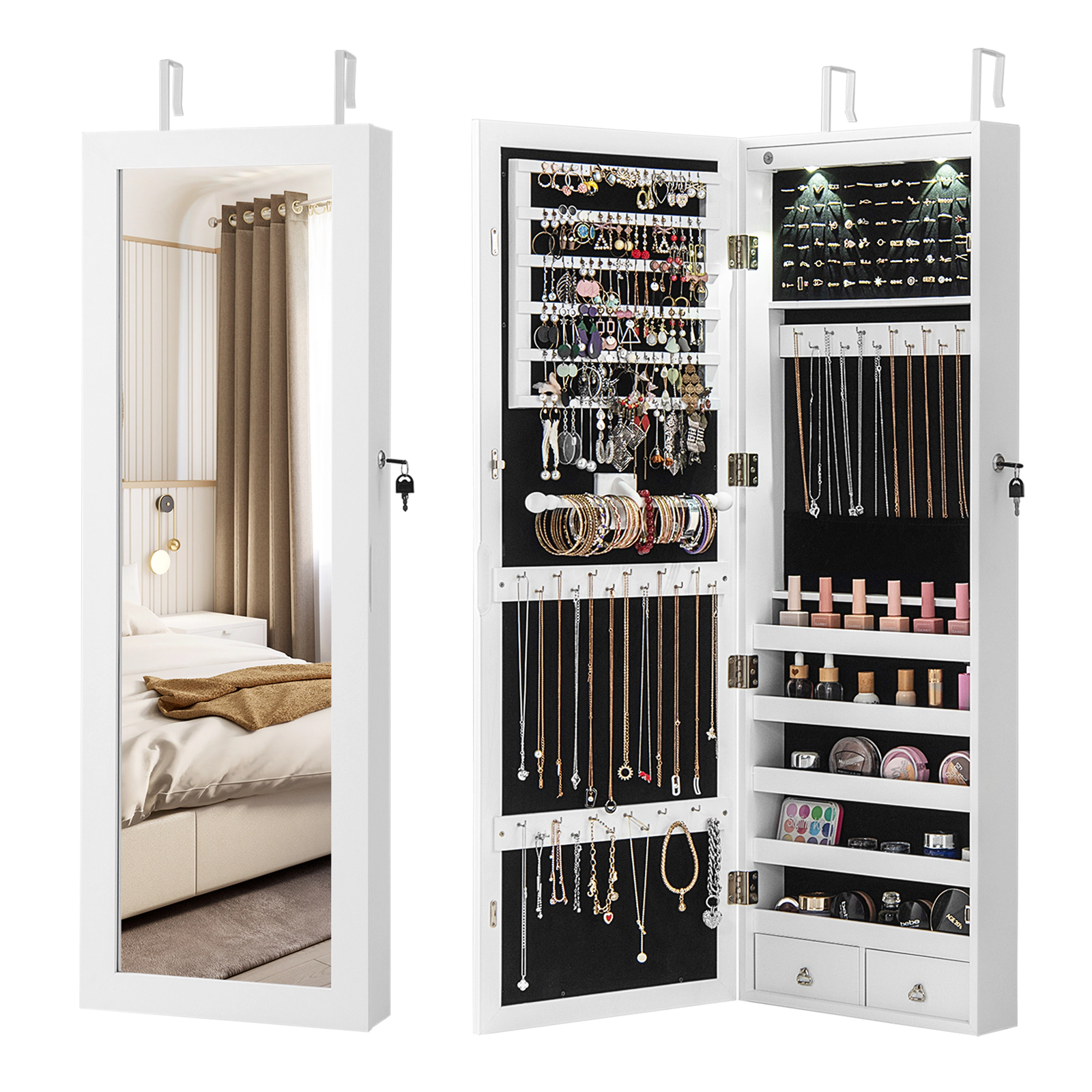 Slickblue Full Length Mirror Jewelry Organizer Cabinet 43in White MDF LED Light Storage Box