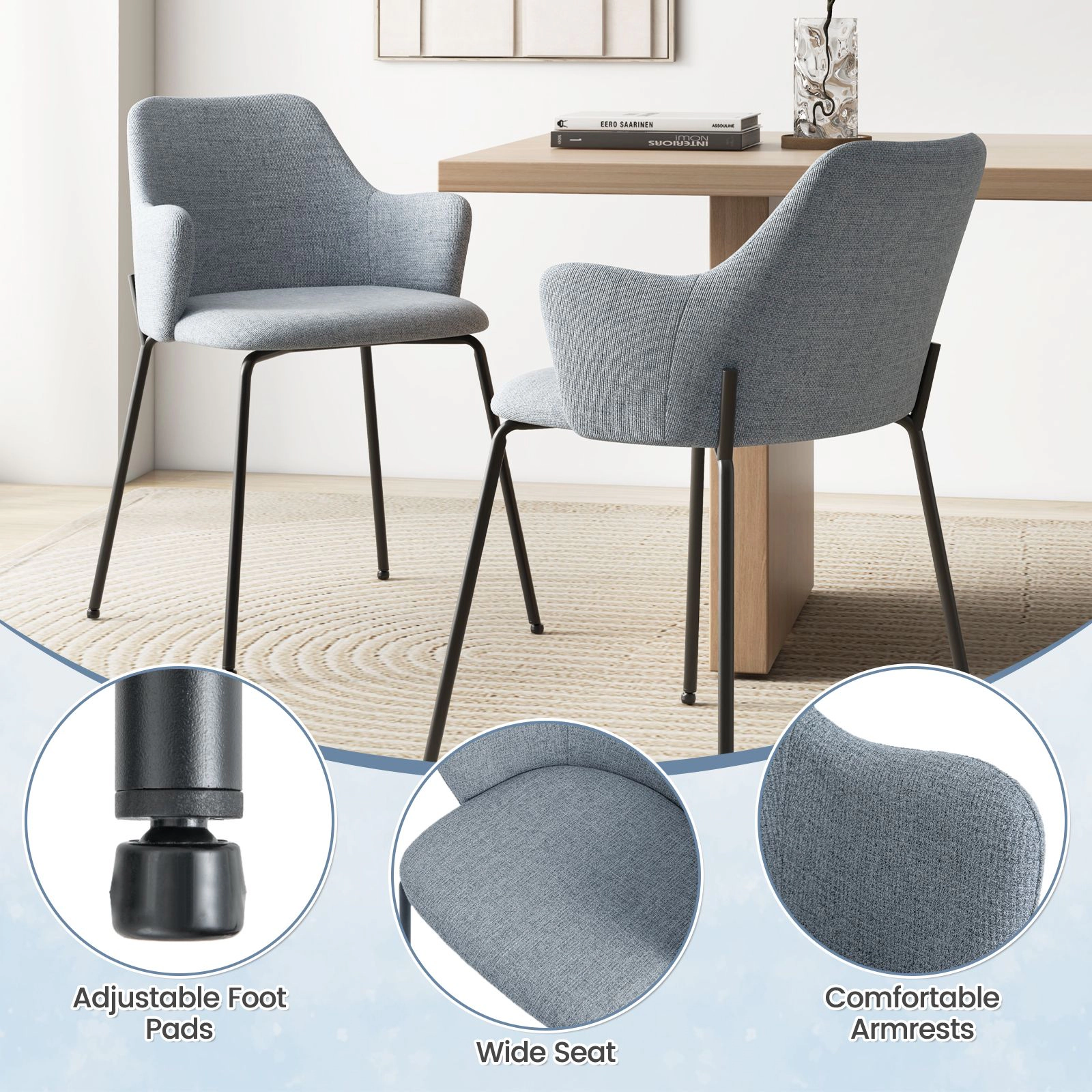 SlickBlue Gray Modern Dining Chair, Metal Frame, Upholstered Seat, 330 lbs