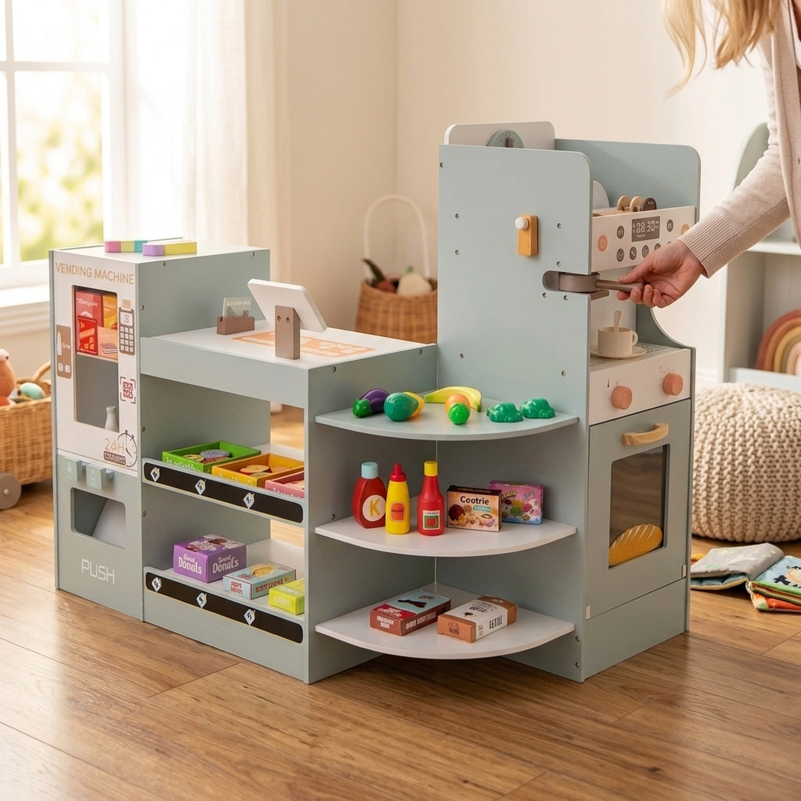 Grocery Store Playset Coffee Machine Vending Machine 30-pc Accessories 37-in Kids Pretend Supermarket Ages 3+ Green