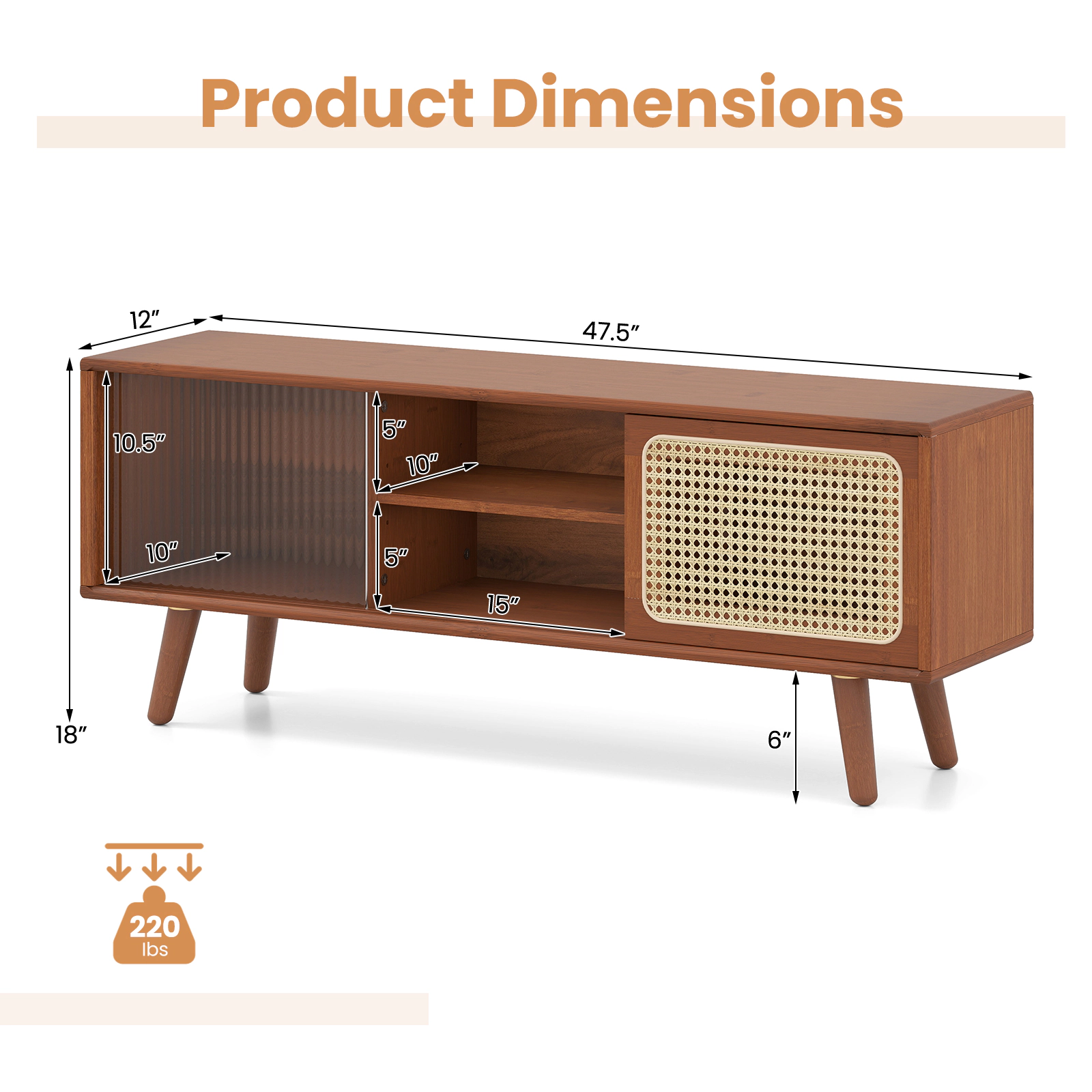 Glintex 47.5-Inch Bamboo TV Stand with Rattan and Glass Sliding Doors, Brown