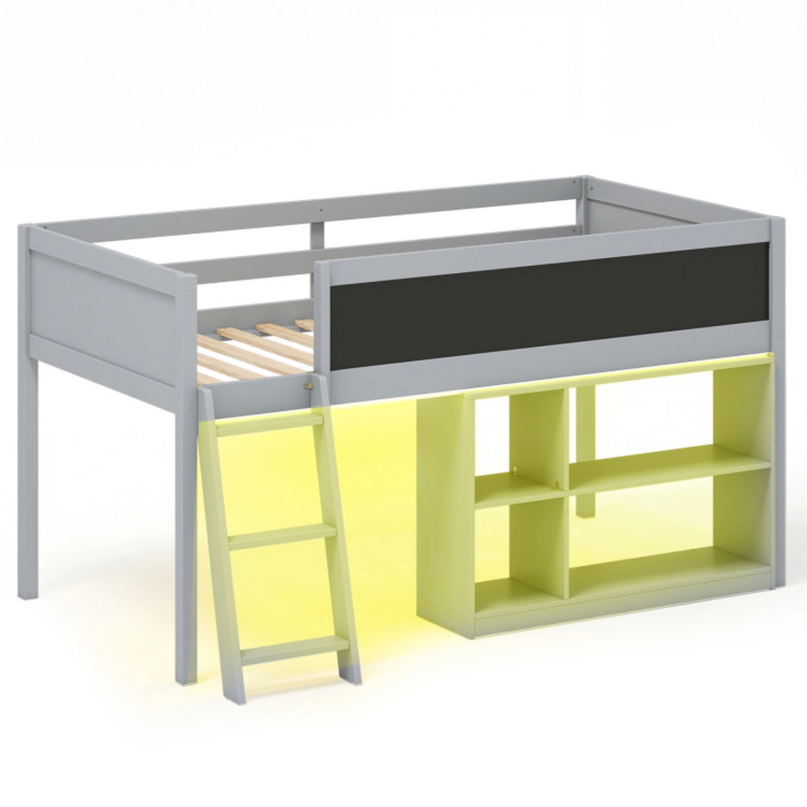 SUGIFT Gray RGB LED Lights Removable Bookcase and Chalkboard Twin Kids Loft Bed