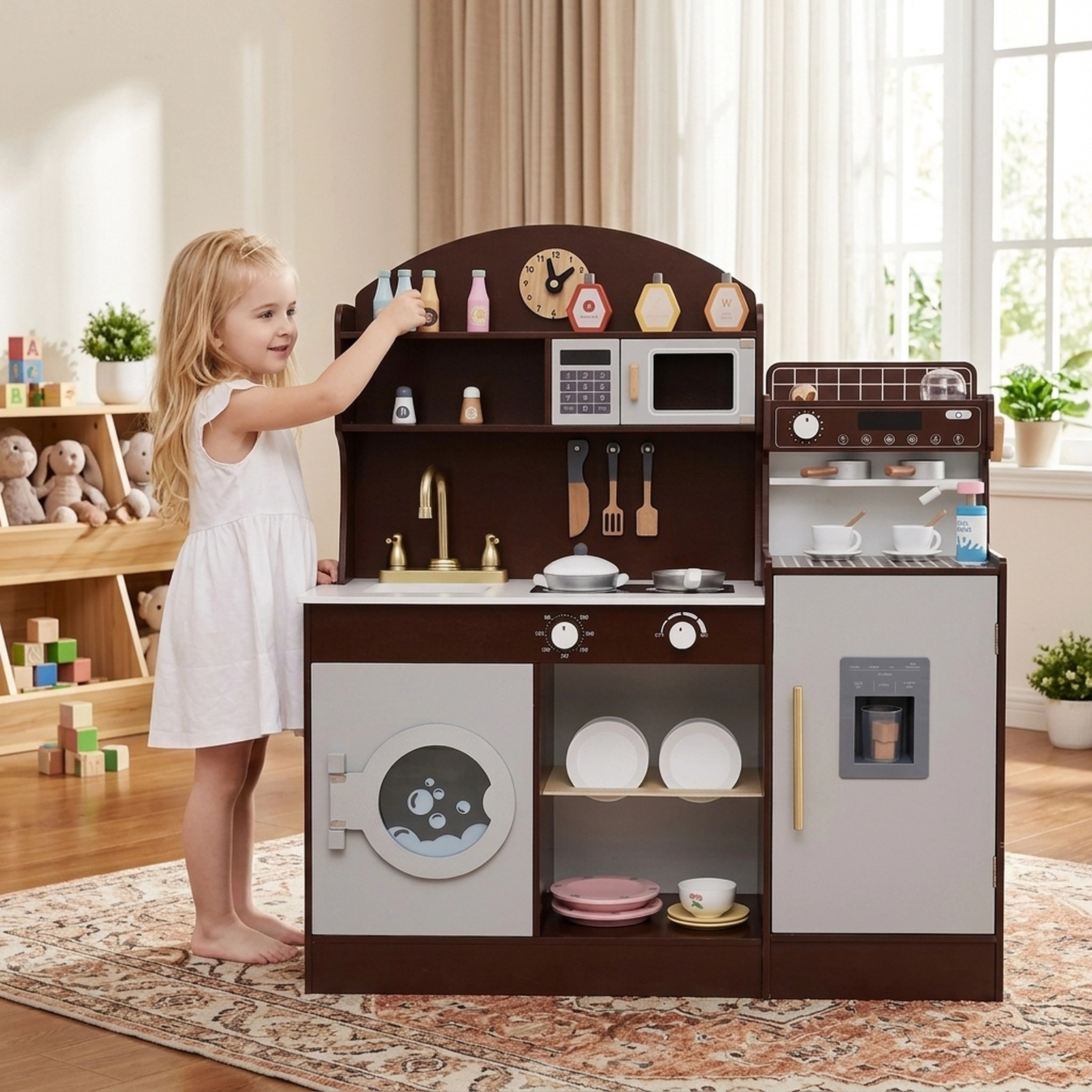 Kids Wooden Kitchen Set Coffee Maker Ice Maker 27-pc Accessories Dual Counters 42-in x 12-in x 41-in White