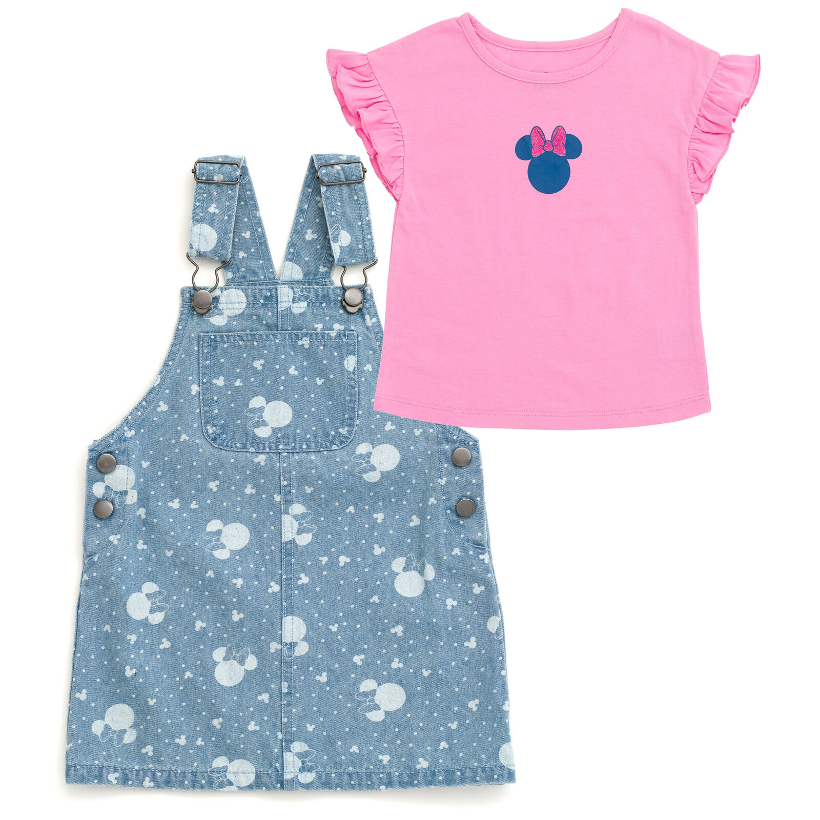 Disney Minnie Mouse Girls' Denim 2-Piece Overall Dress and T-Shirt Set