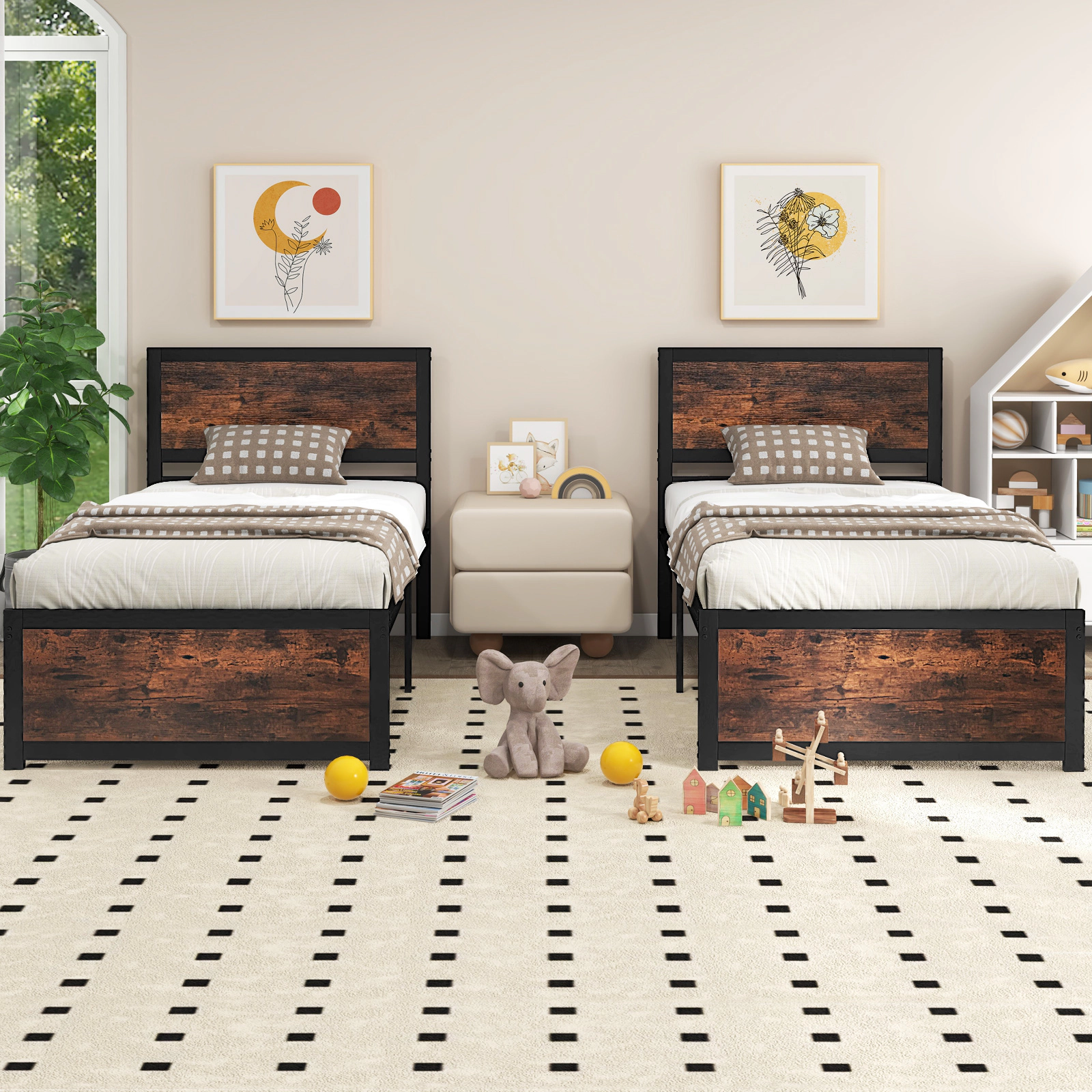 LJG Twin Size Bed Frame Metal with High Headboard and Mute Bars