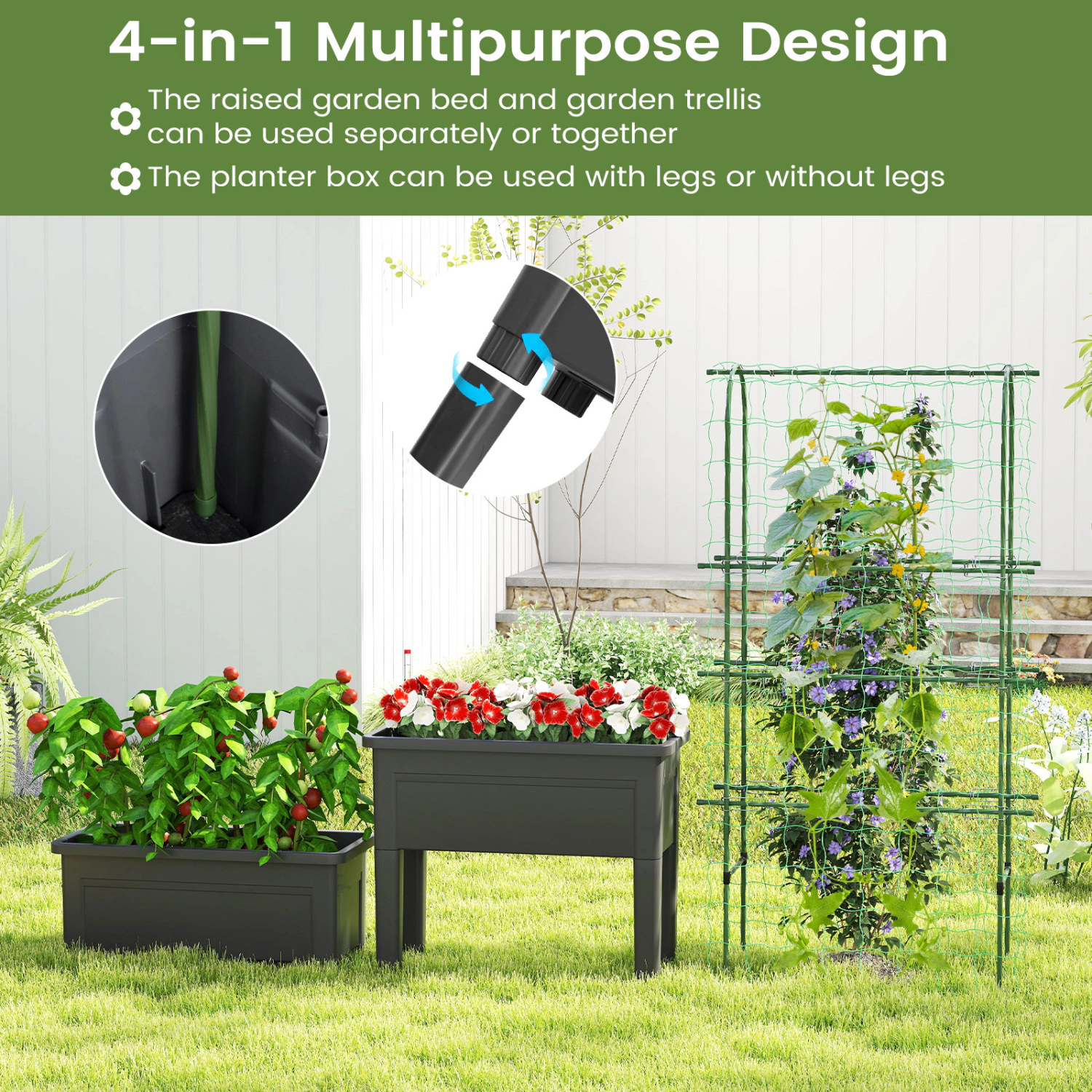 Hivvago Self-watering Raised Garden Bed Elevated Planter with Climbing Trellis