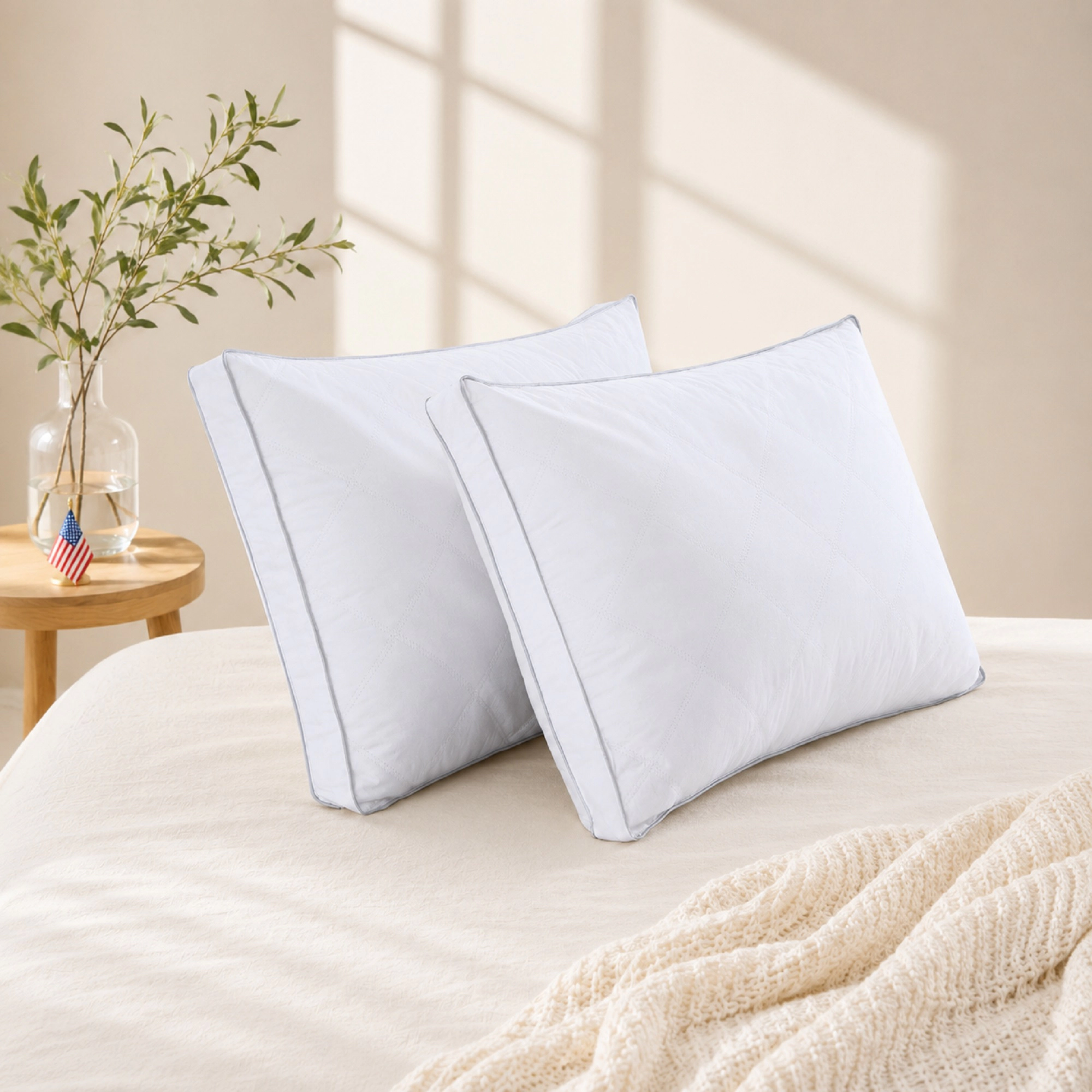PEACENEST Diamond Quilted Goose Feather Pillows with 1.5-Inch Gusset, Set of 2