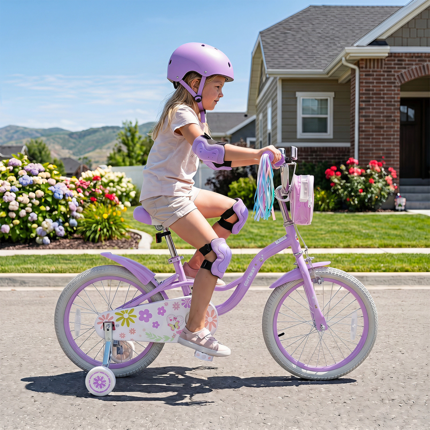 LJG Girls Bike with Front Bag and Streamers Purple