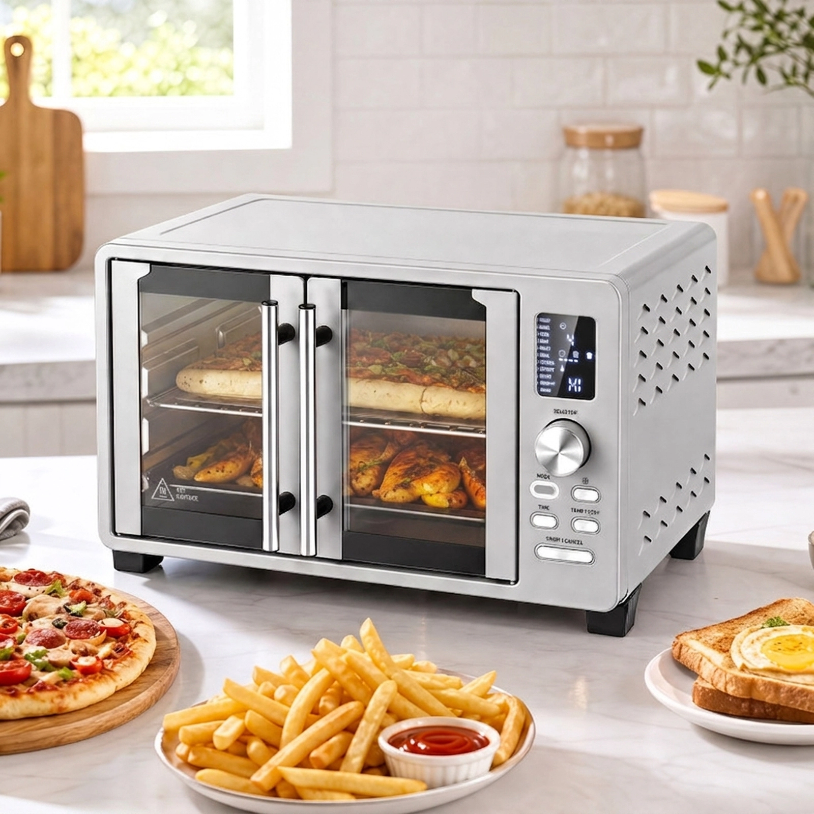 SUGIFT Silver French Door Convection Toaster Oven with Air Fry and 11 Presets 26.4-Quart 18.5-in W 16-in D