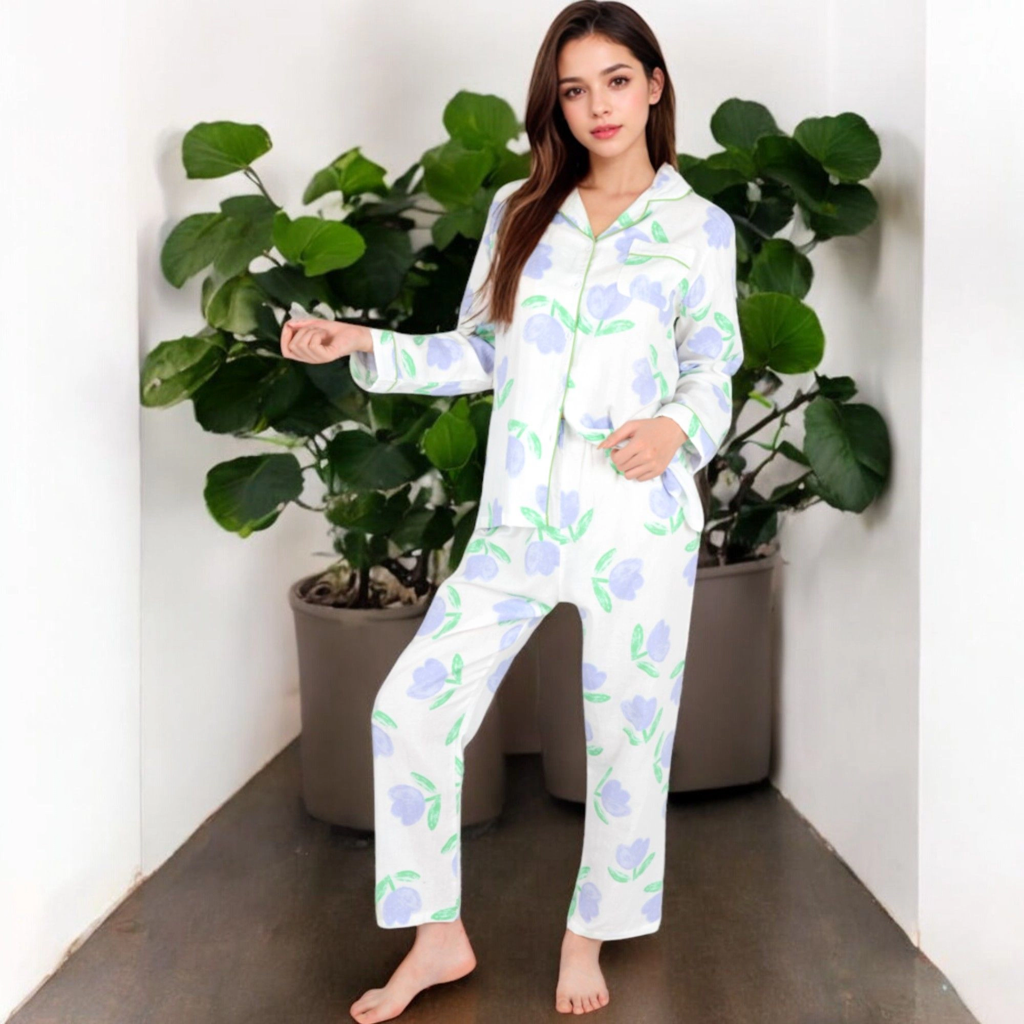 Anna-Kaci Women's Floral Print 2-Piece Pajama Set with Long Sleeve Button Up Top and Relaxed Fit Pants