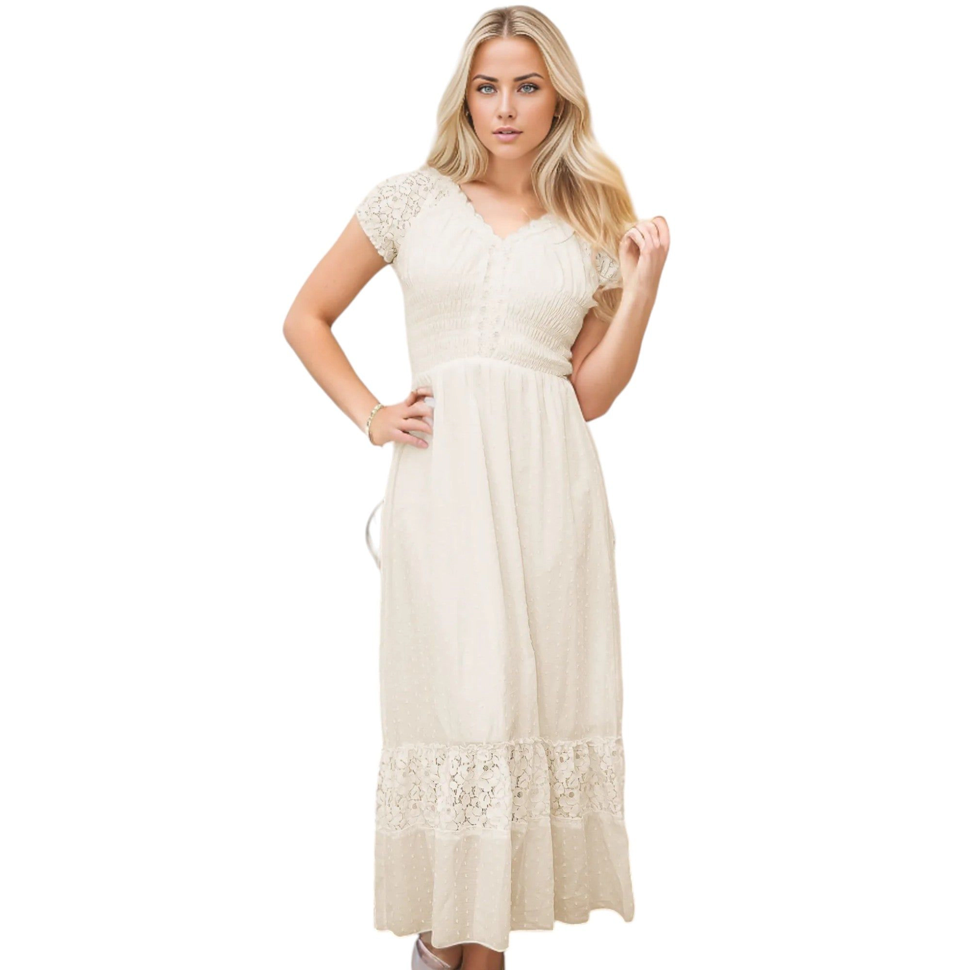 Plus White Off-the-Shoulder Smocked Waist Long Sun Dress