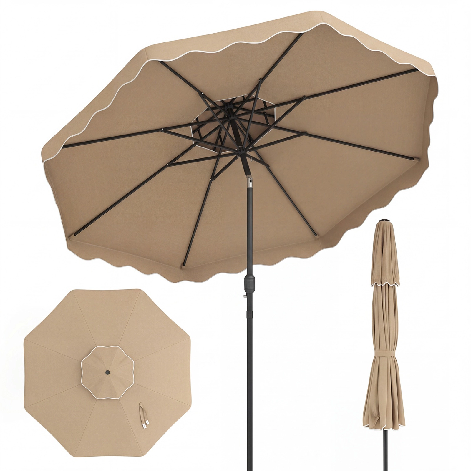SUGIFT 10-ft Coffee Market Patio Umbrella, Scalloped Double-Vented Canopy, Crank Lift, Push-Button Tilt