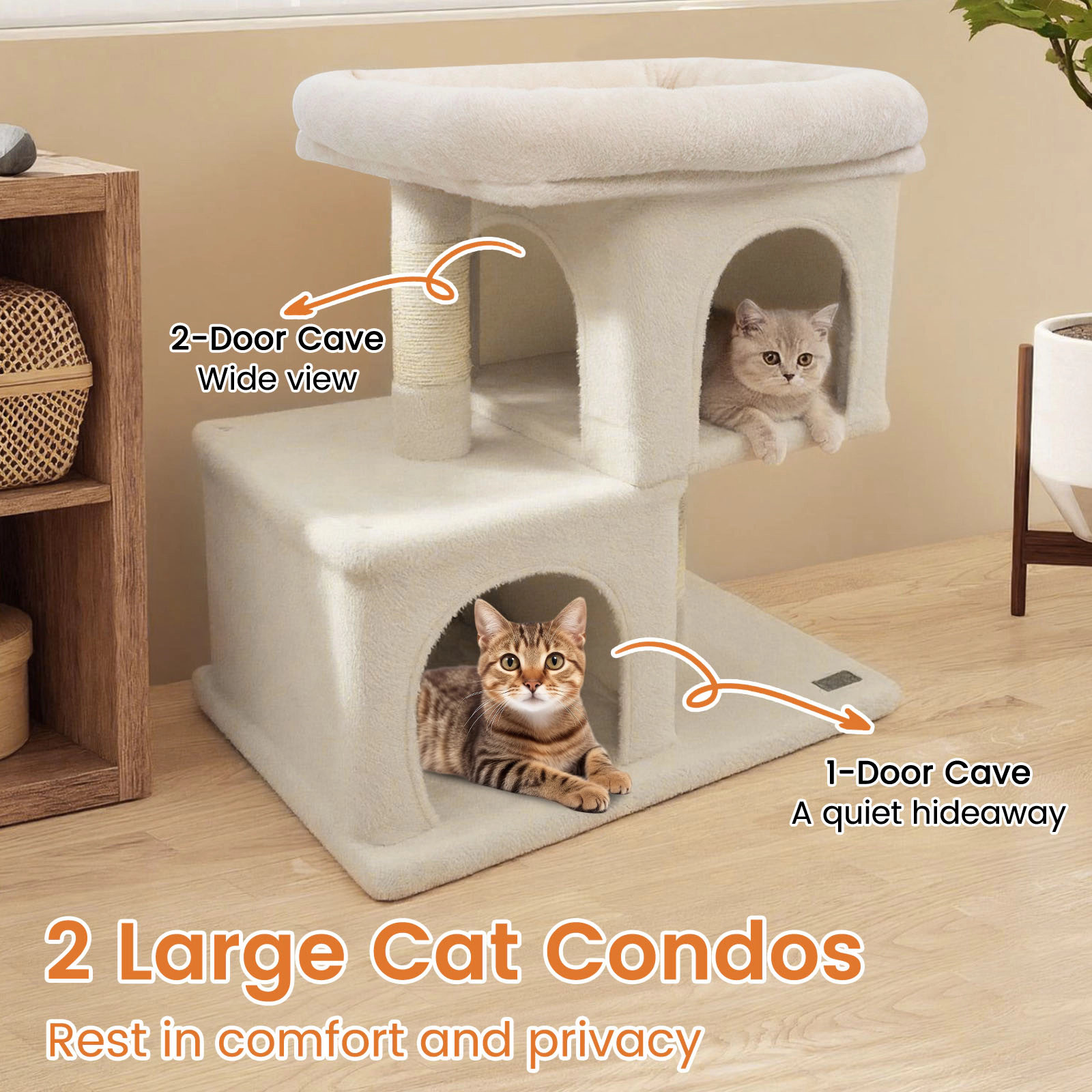 SUGIFT Space-Saving Cat Tree Tower with Upholstered Perch and 2 Cat Condos 24-in Frame 22-lb Capacity Beige