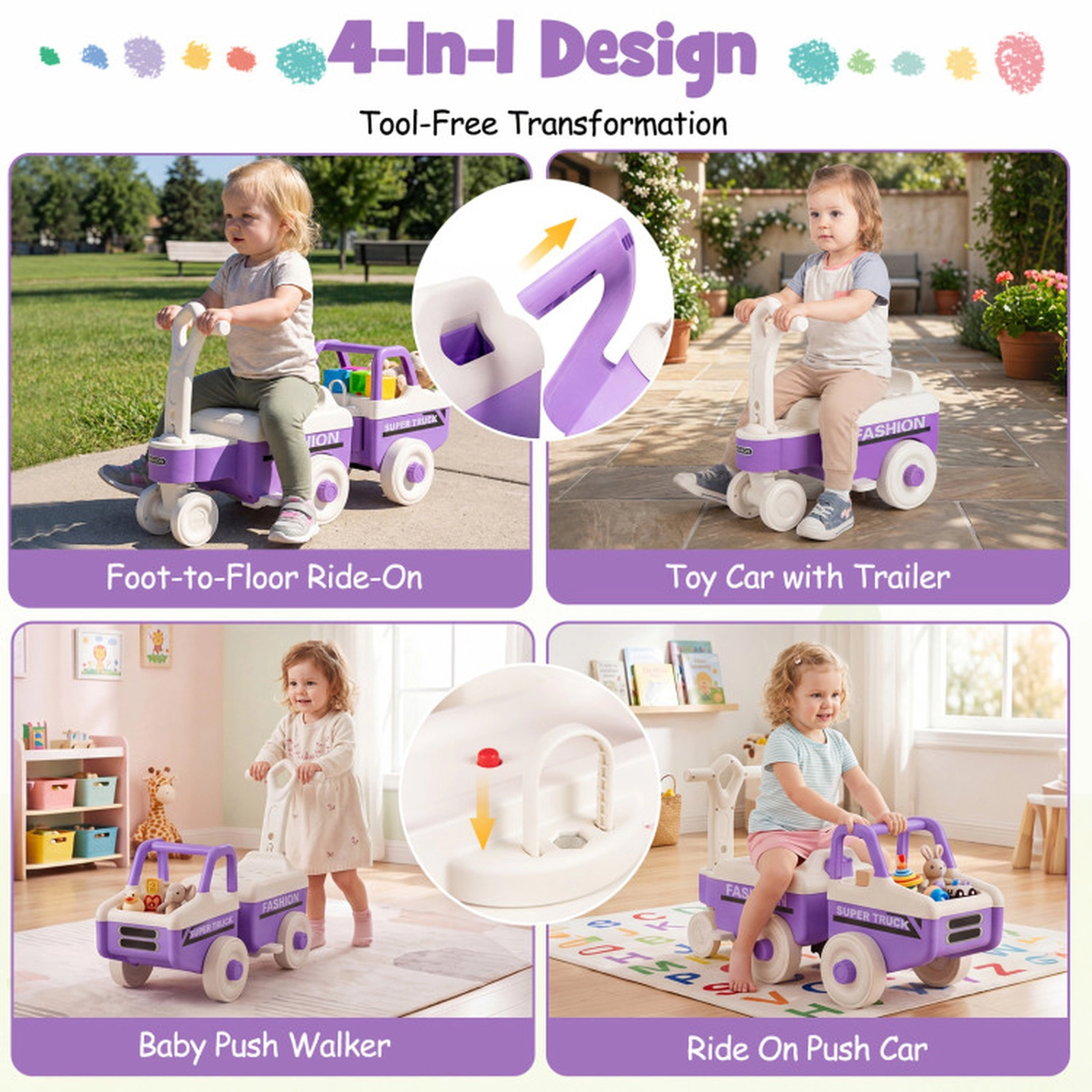 SUGIFT 4-in-1 Ride-On Push Car Foot-to-Floor Car Push Walker with Music Under-Seat Storage & Trailer 45-lb Capacity Ages