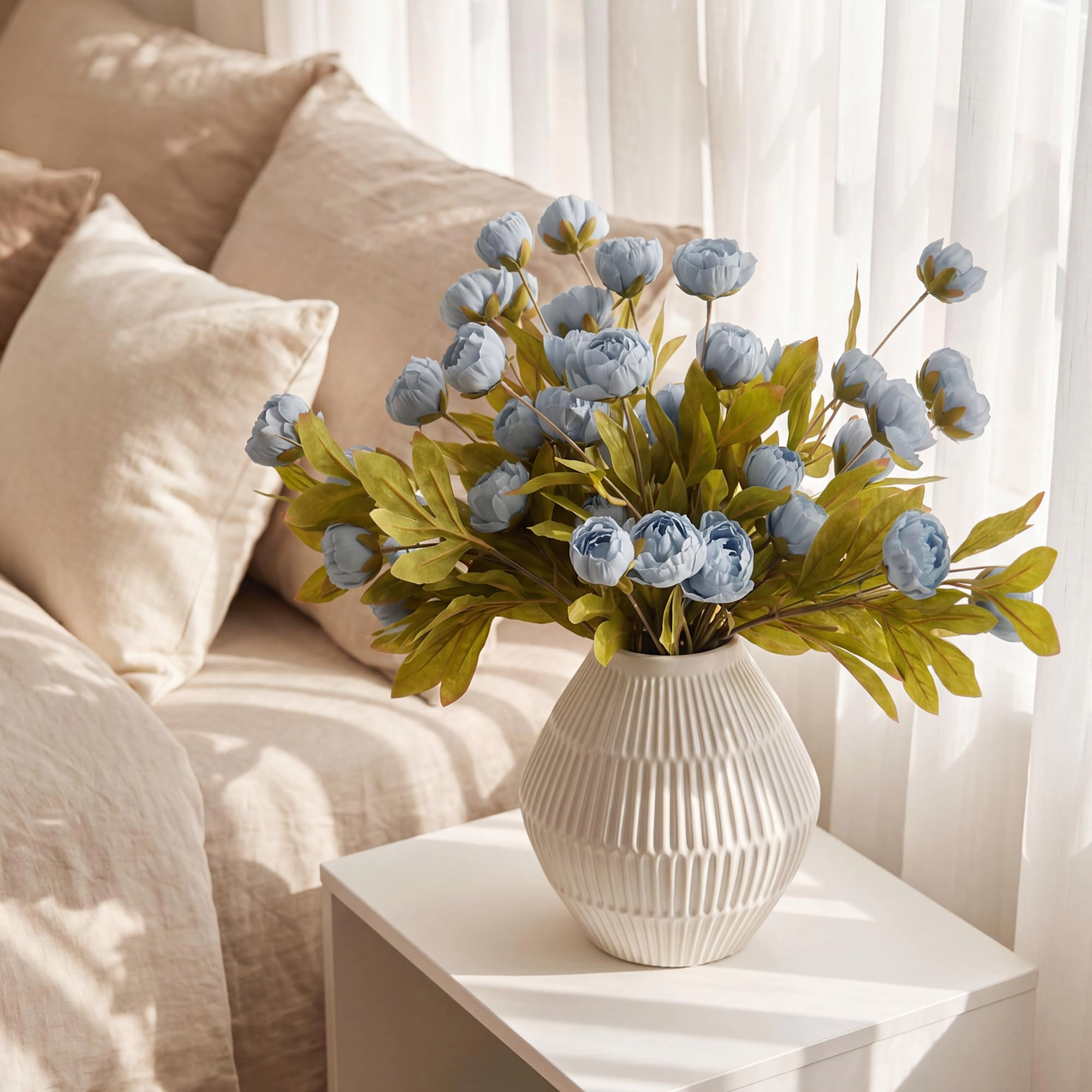PUPWE 6 Faux Silk Peony Artificial Flowers For Vase Decor Blue