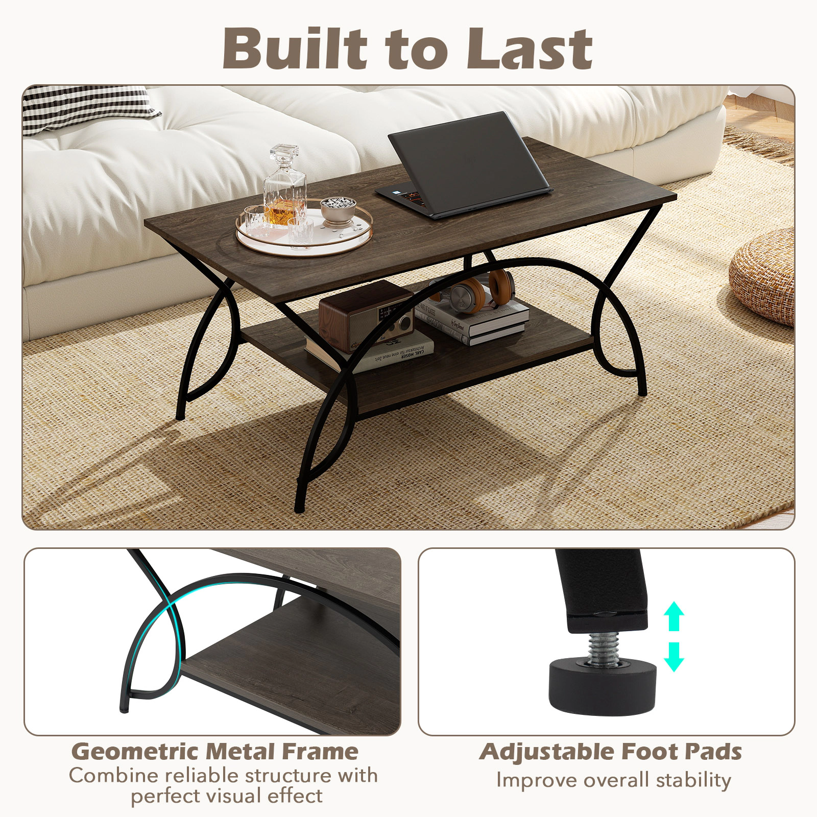 Glintex 2-Tier 39.5-Inch Faux Marble Coffee Table with Arched Metal Frame, Oak