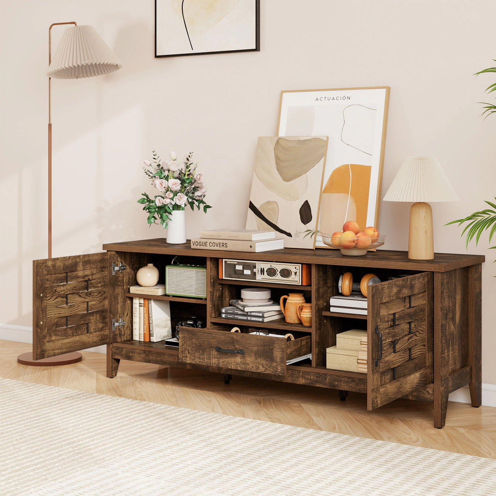 Glintex 59-Inch Farmhouse TV Stand with Woven Accent Doors and Drawer