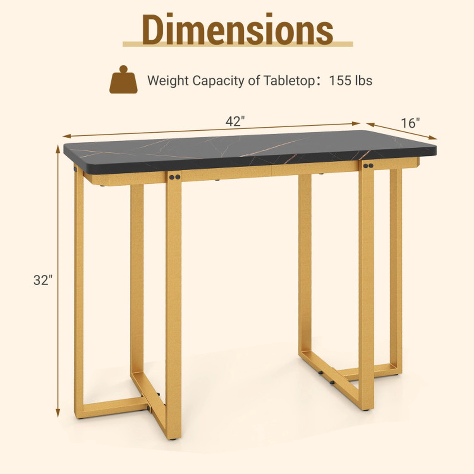 SUGIFT Narrow Faux Marble Top Gold Geometric Metal Frame Console Table 42-in x 16-in x 32-in 155-lb Capacity Black