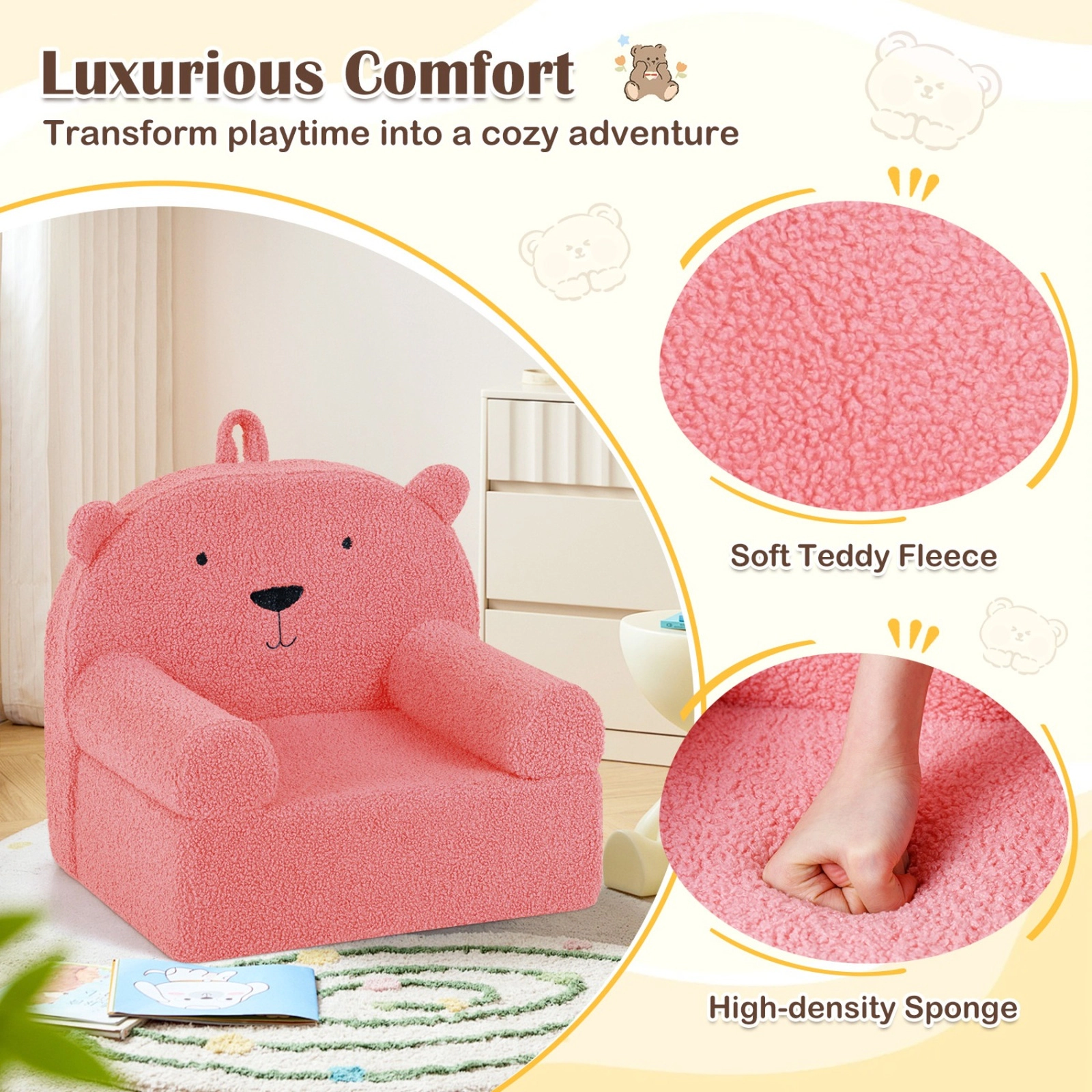 SUGIFT Pink Soft Teddy Fleece Cover Kids Bear Foam Couch Toddler Armchair