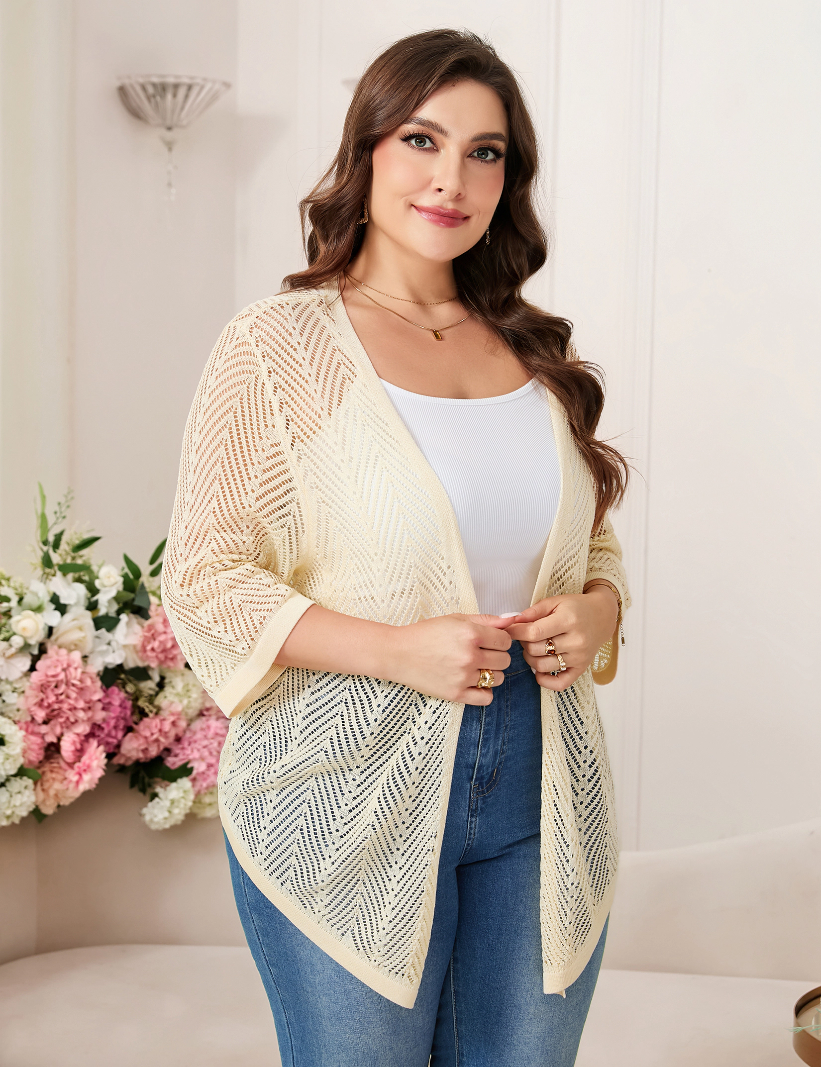 KOJOOIN Women's Plus 3/4 Sleeve Cardigan Open Front Hollow Out Sweater Lightweight Shrug