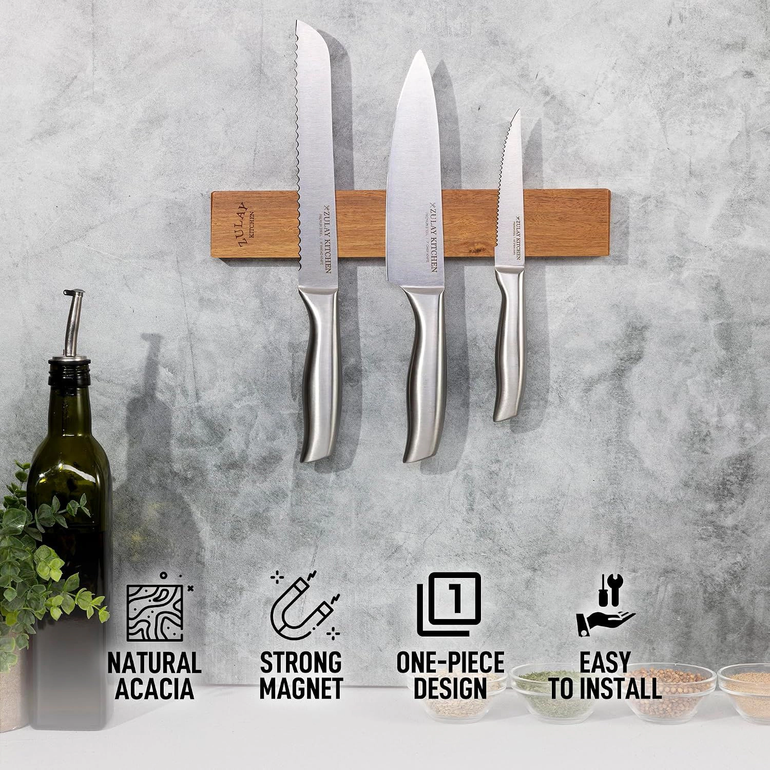 Zulay Kitchen 11.75" Seamless Maple Wood Magnetic Knife Holder