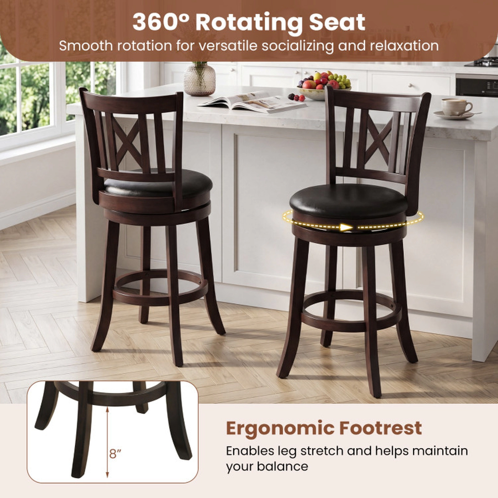 SUGIFT Set of 4 Swivel Bar Stools with Hollowed Backrest and Footrest 26-in Seat Height 275-lb Capacity Dark Chocolate