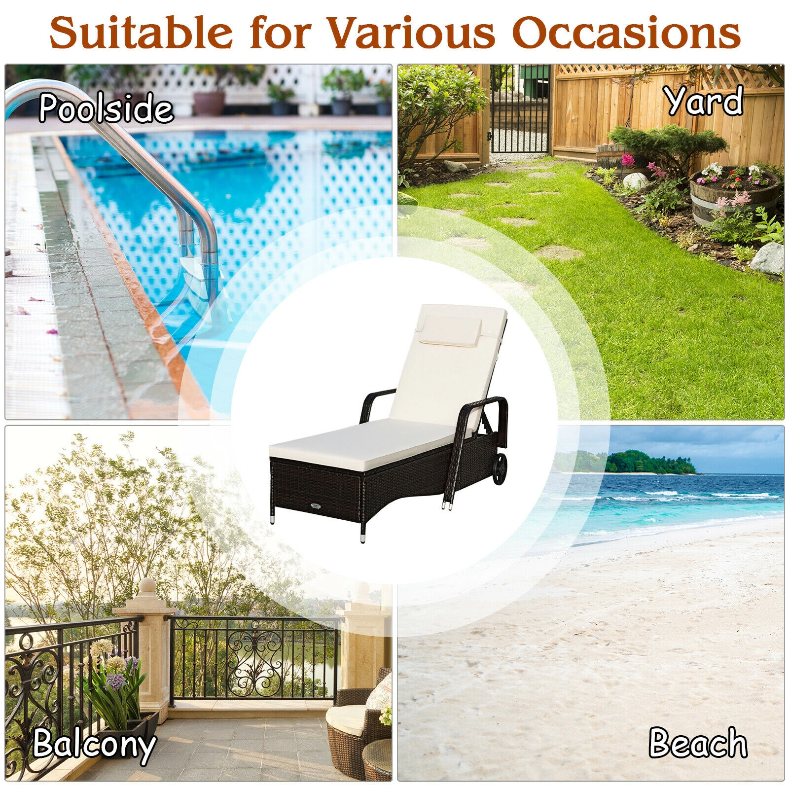Hivvago Outdoor Recliner Cushioned Chaise Lounge With Adjustable Backrest