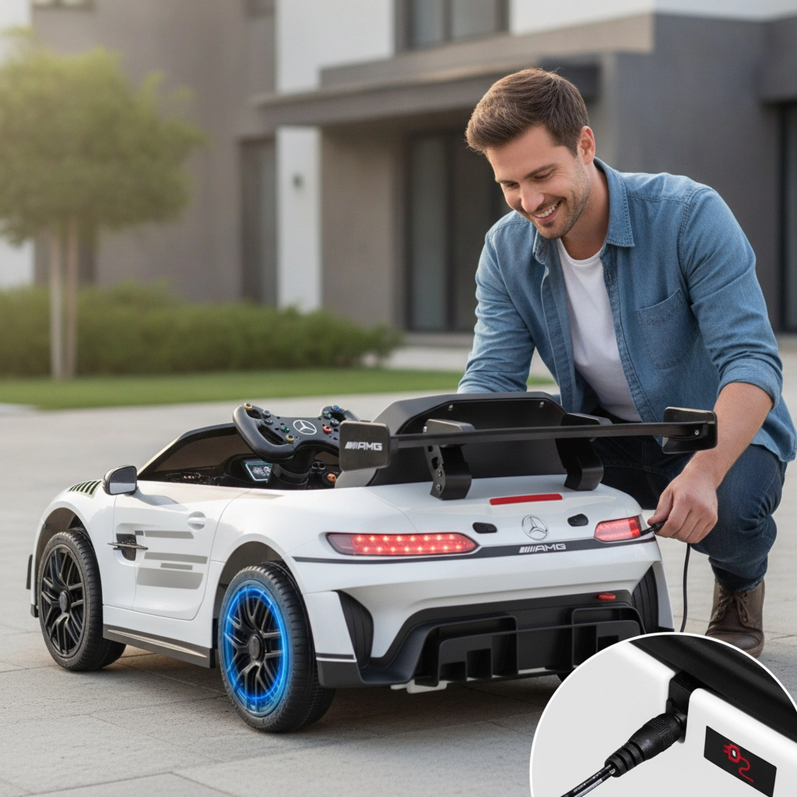 12V Kids Ride On Race Car Parent Remote Emergency Brake 3-Point Safety Belt Lockable Doors LED Lights Ages 3+ White