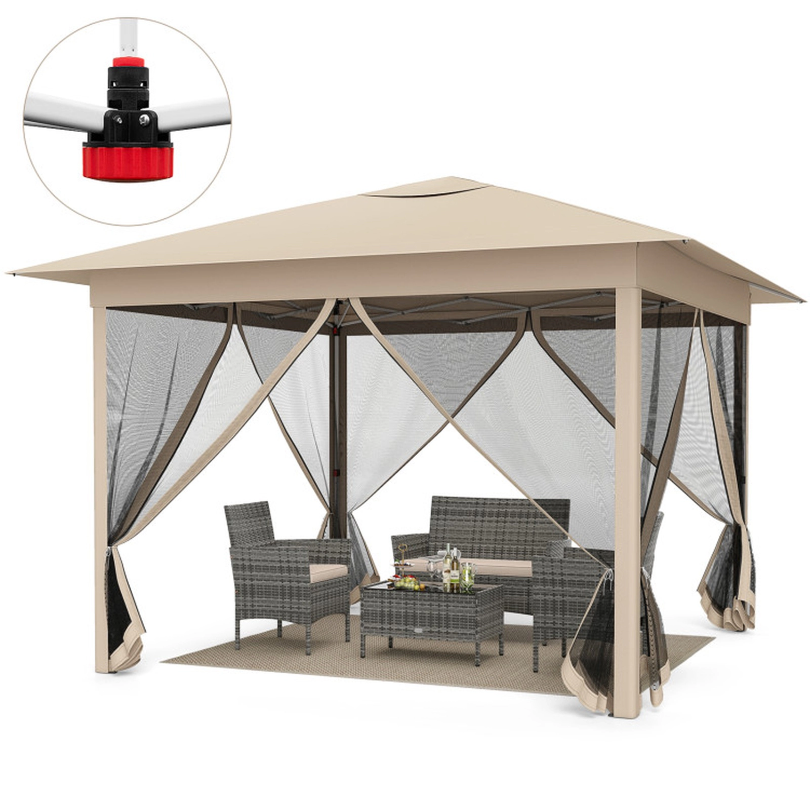 SUGIFT Beige Instant Pop Up Canopy Tent with 4 Zippered Mesh Walls and Center Lock 11.5-ft W 11.5-ft D 8.8-ft H