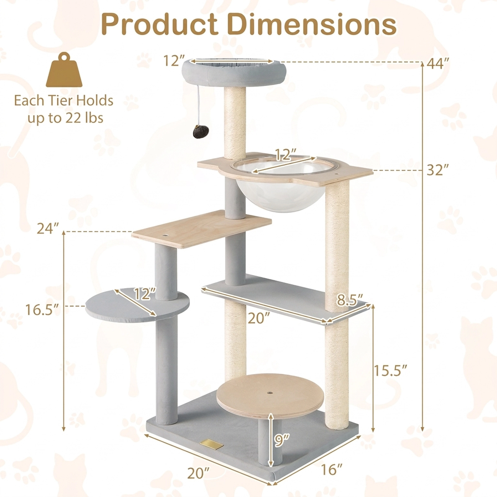 SUGIFT 44-in Natural Modern Cat Tree Tower with Transparent Space Capsule Padded Perch and Sisal Posts