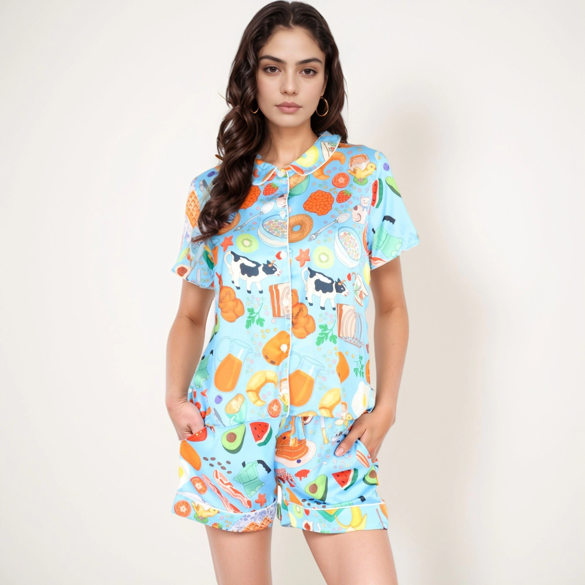Anna-Kaci Women's Breakfast Print Pajama Set Short Sleeve Button Up Top and Elastic Waist Shorts Two-Piece Sleepwear