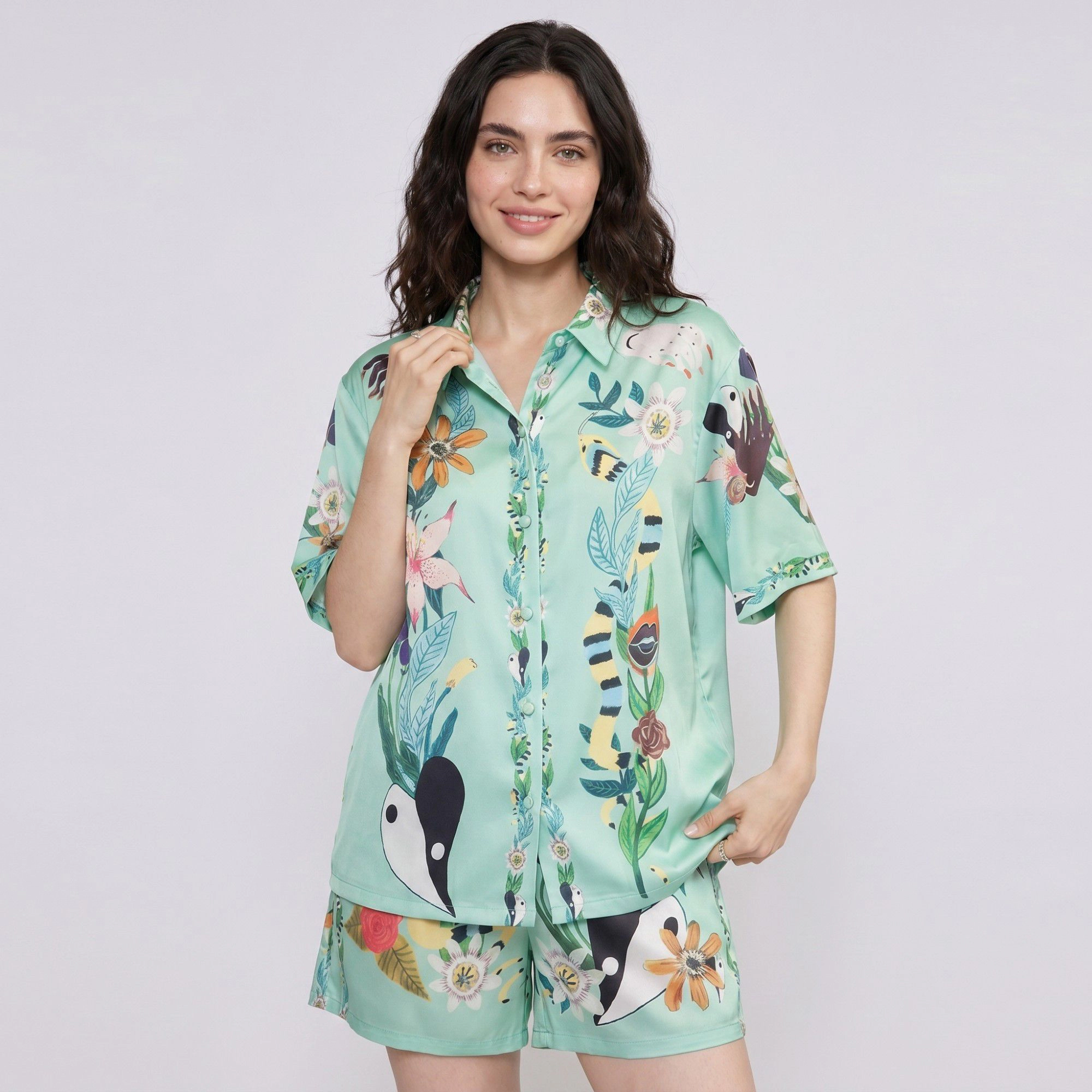 Anna-Kaci Women's 2-Piece Botanical Short Pajama Set with Button Front Top and Matching Shorts