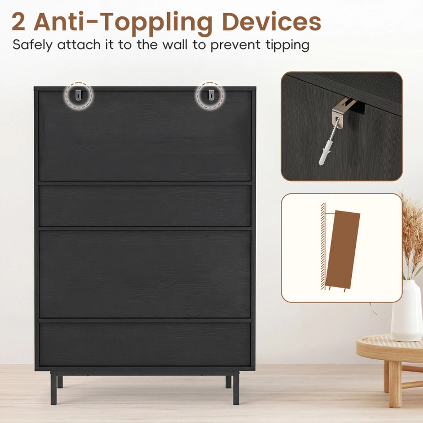 SUGIFT 6-Tier Black 43-in Tall Shoe Cabinet with Double Doors and Raised Metal Legs for Entryway
