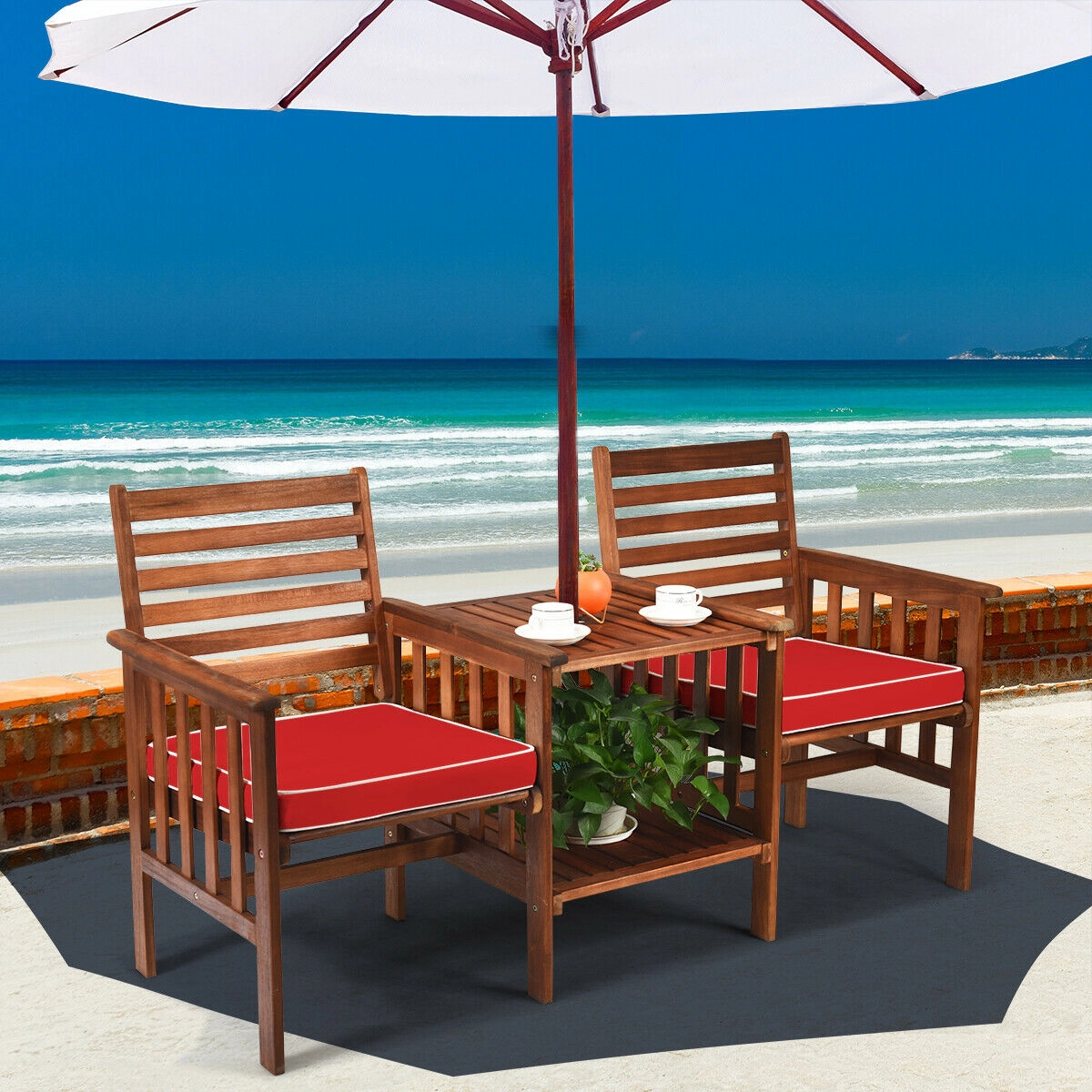 LJG 3 Pcs Outdoor Patio Table Chairs Set Acacia Wood Loveseat