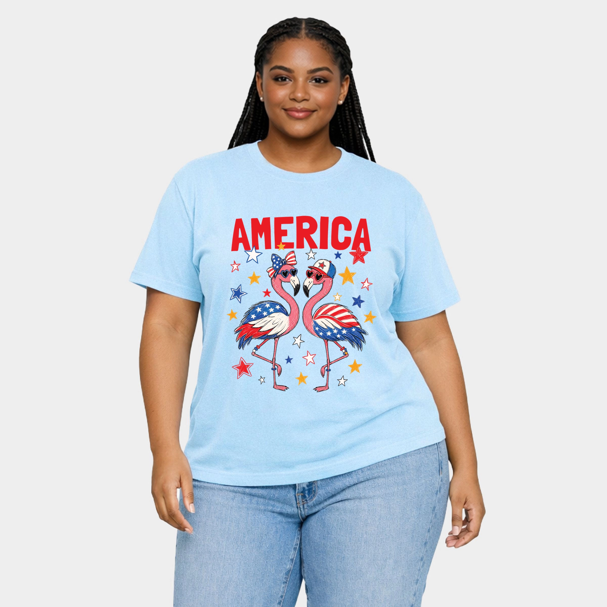 Simply Sage Market - America Flamingos Star Women's Plus Sized Garment Dyed Graphic T-Shirt