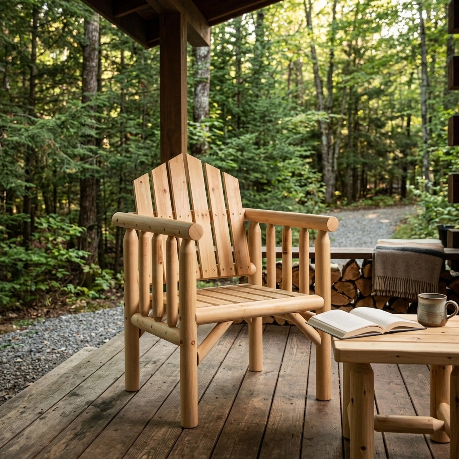 SUGIFT Natural Wood Outdoor Dining Chair with Arms, Reclined High Back, 330-lb Capacity