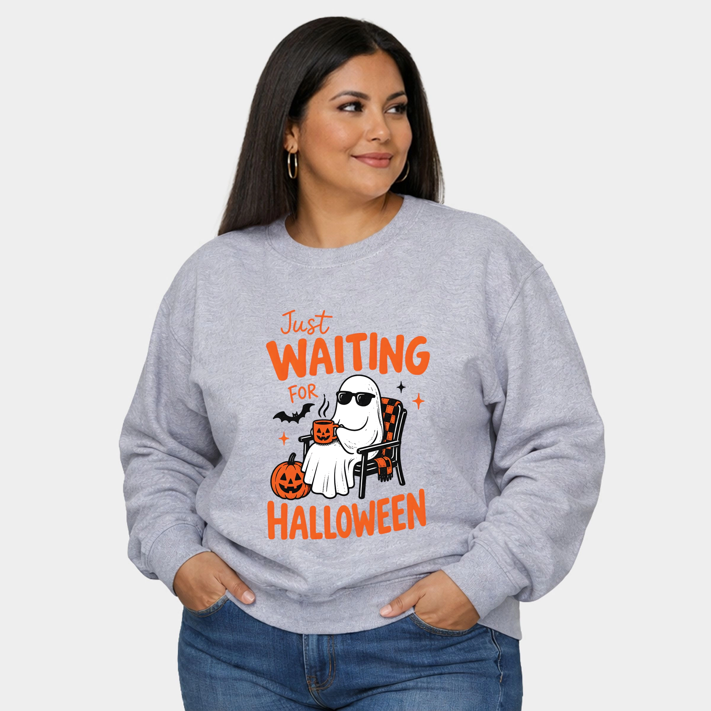 Simply Sage Market - Women's Plus Sized Graphic Sweatshirt Just Waiting For Halloween Ghost