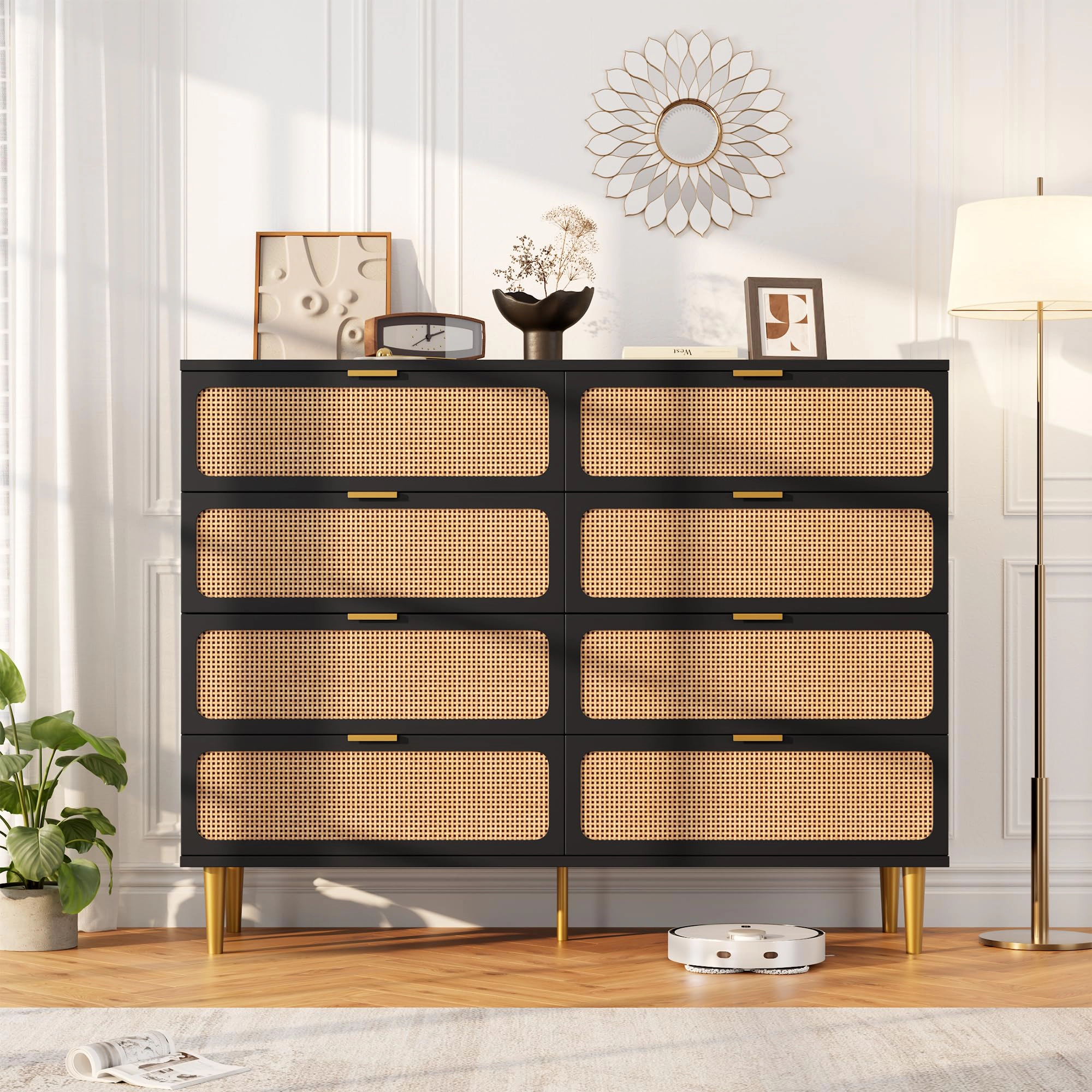 8 Drawer Rattan Dresser, Wooden Chest with Deep Drawers & Wide Top for Bedroom Living Room Hallway