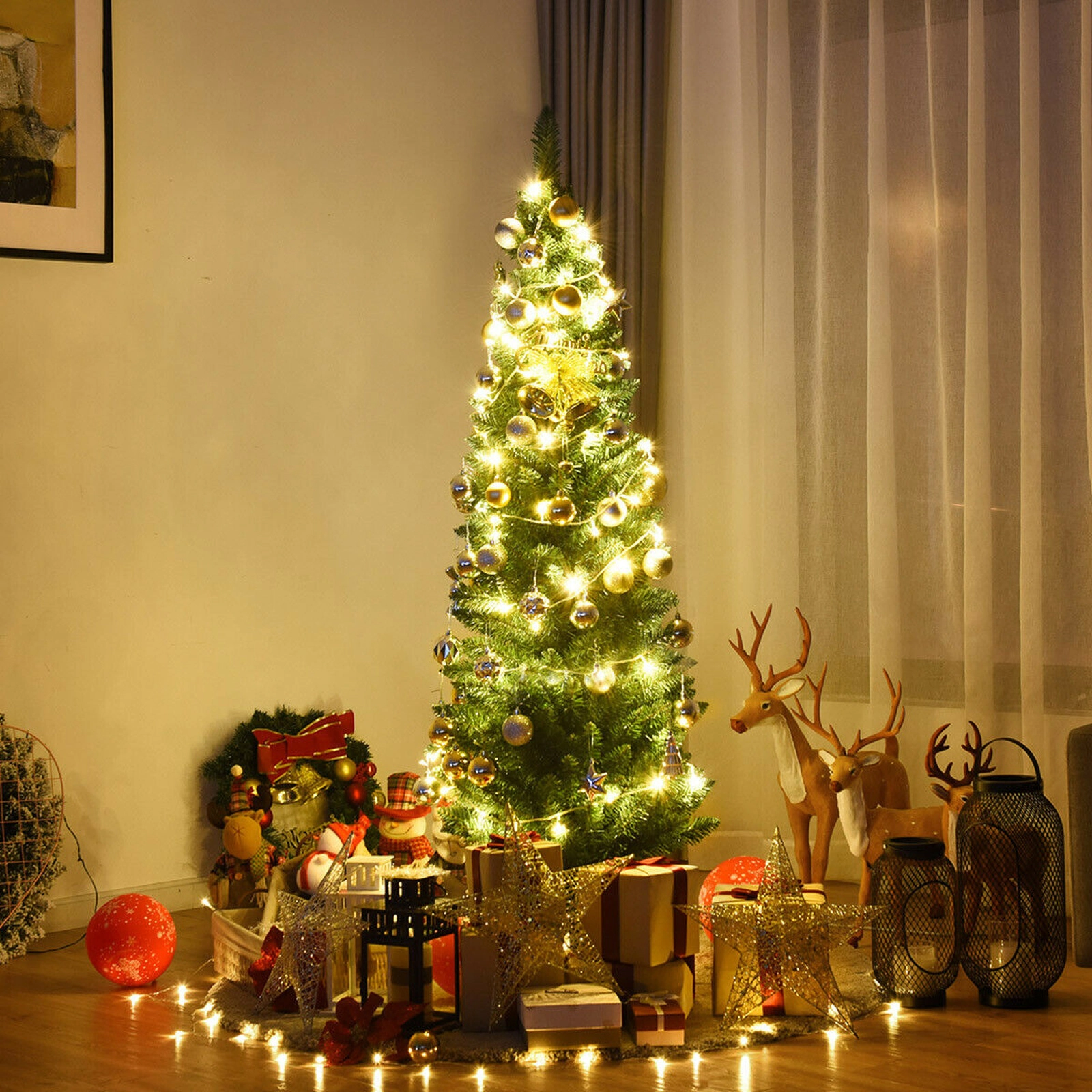 SUGIFT 5-ft Green Slim Pencil Artificial Christmas Tree with 220 PVC Branch Tips and Iron Base for Small Spaces