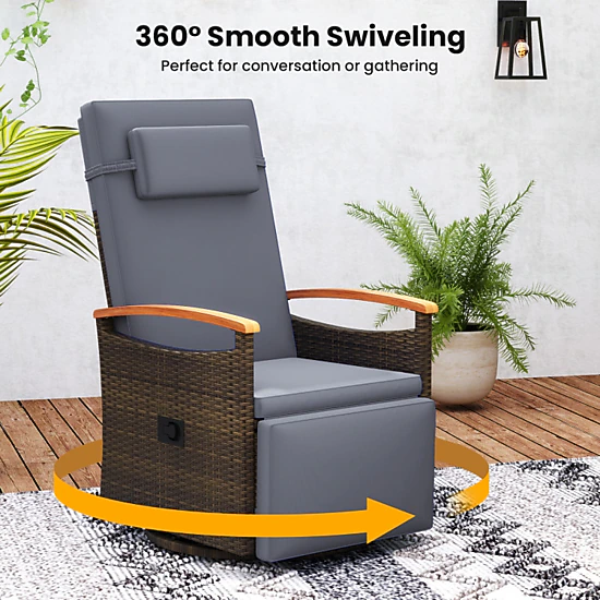 Hivvago Patio Rattan 360 Degree Swivel Recliner Chair With Adjustable Backrest And Footrest