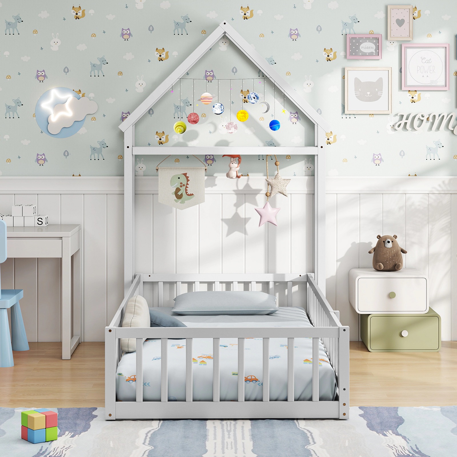 SUGIFT Montessori Low-to-Ground Twin House Floor Bed with Guardrails, Gate and Drying Rack Toddler Bed 74-in Tall White