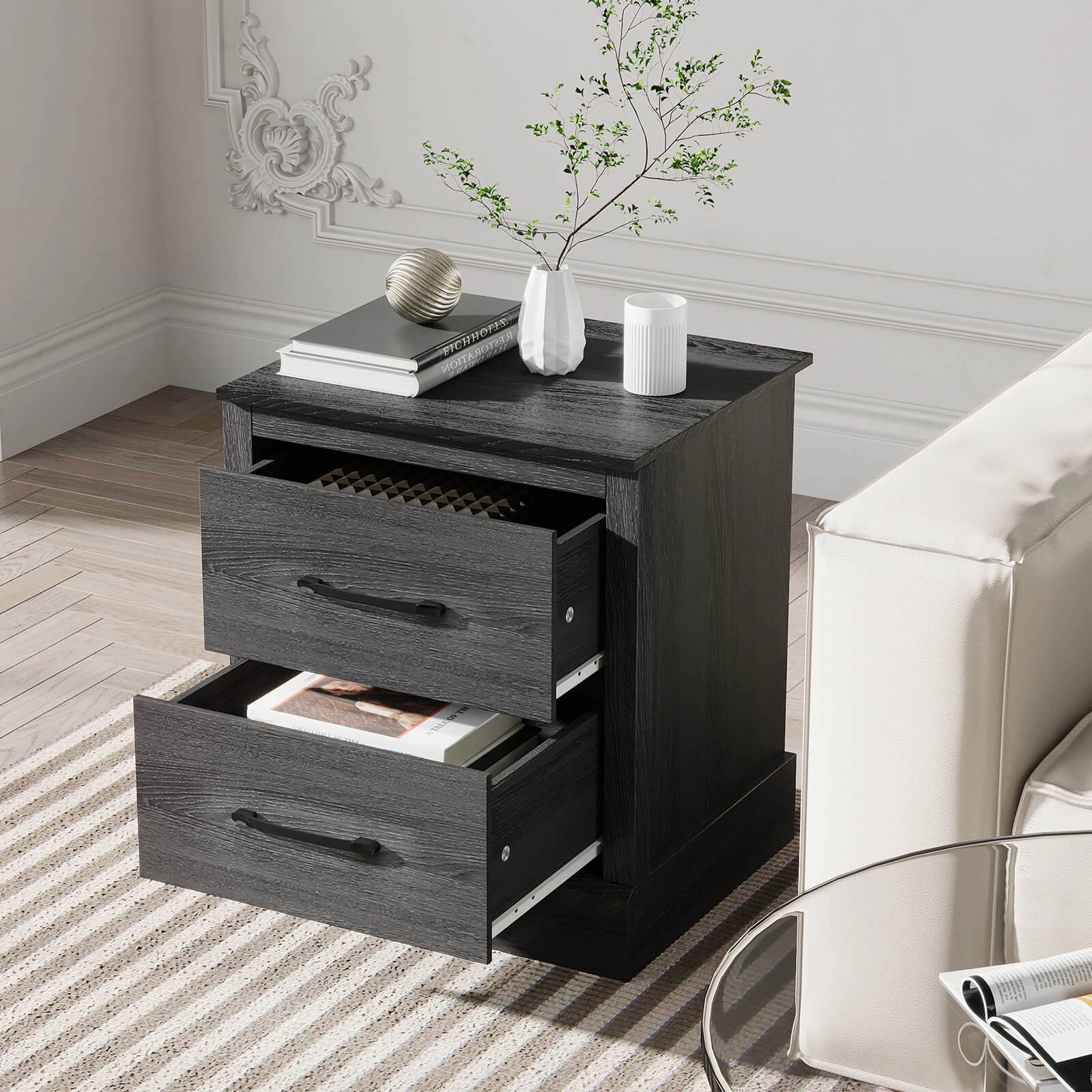 Glintex Farmhouse Nightstand with 2 Drawers Zinc Alloy Handles and Wide Base