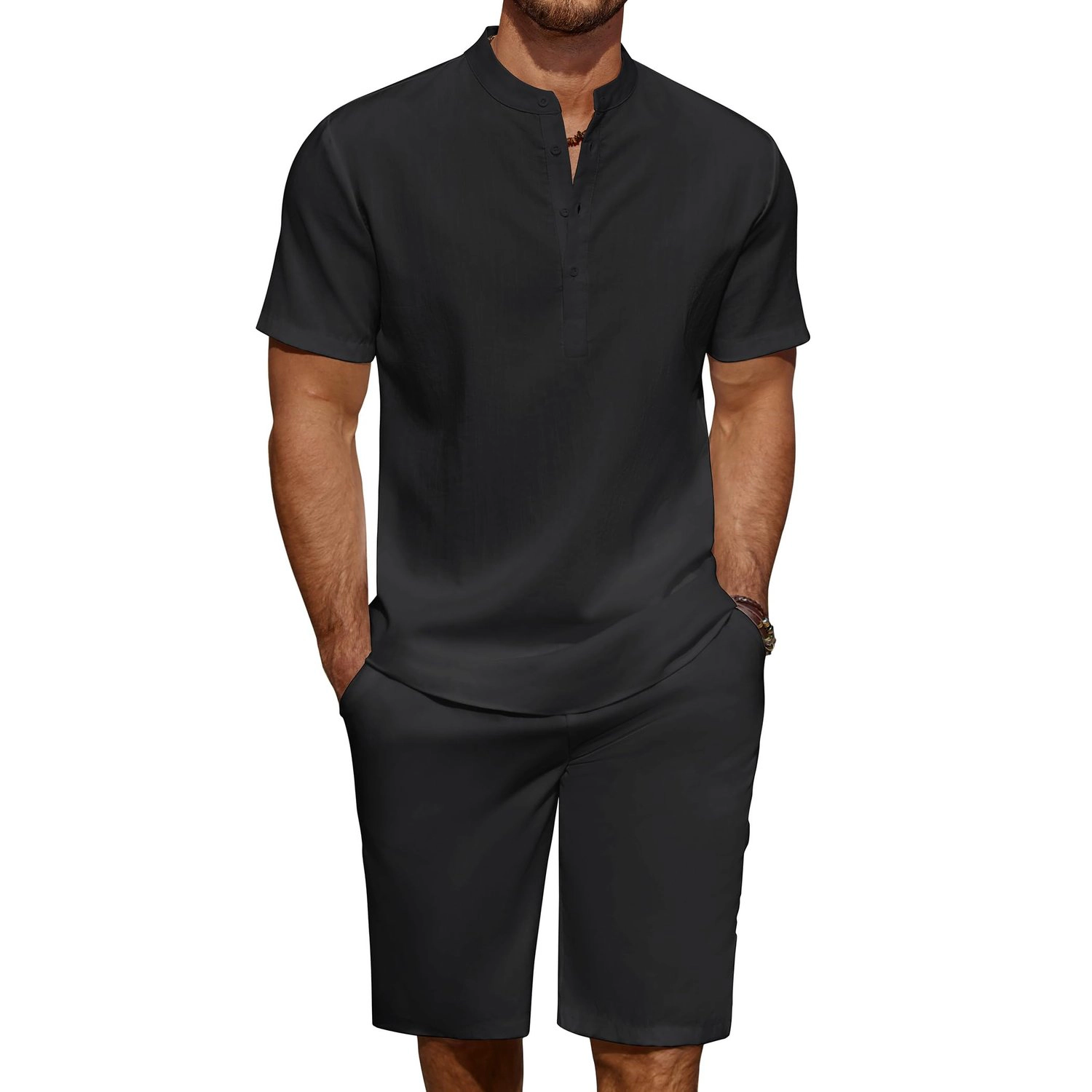 COOFANDY Mens Short Sleeve Henley Shirt  Band Collar Button Casual Shorts Set