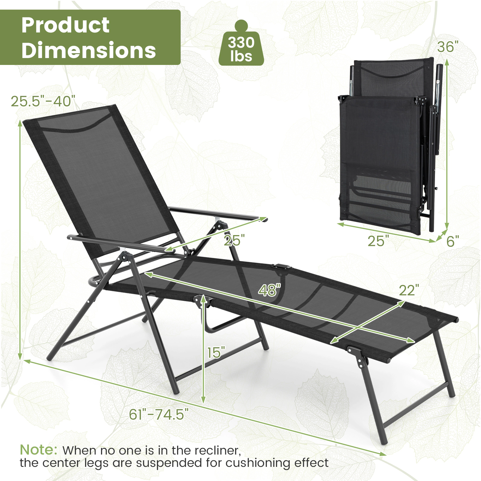 SUGIFT 2 Piece Patio Folding Chaise Lounge Recliner Chairs with 6-Level Backrest 330-lb Capacity 61-74.5-in Length Black
