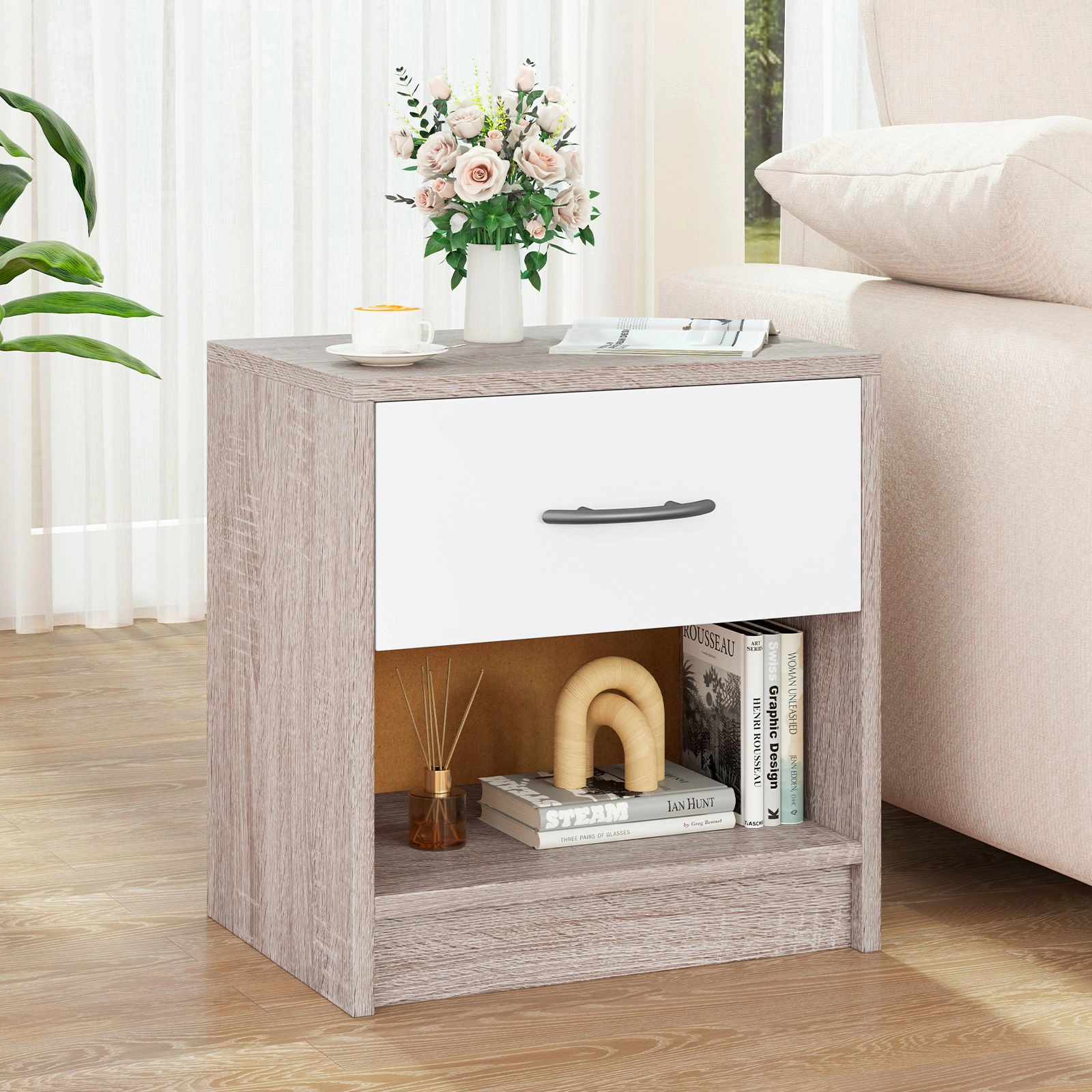 SlickBlue Modern Nightstand with Drawer and Open Storage Shelf